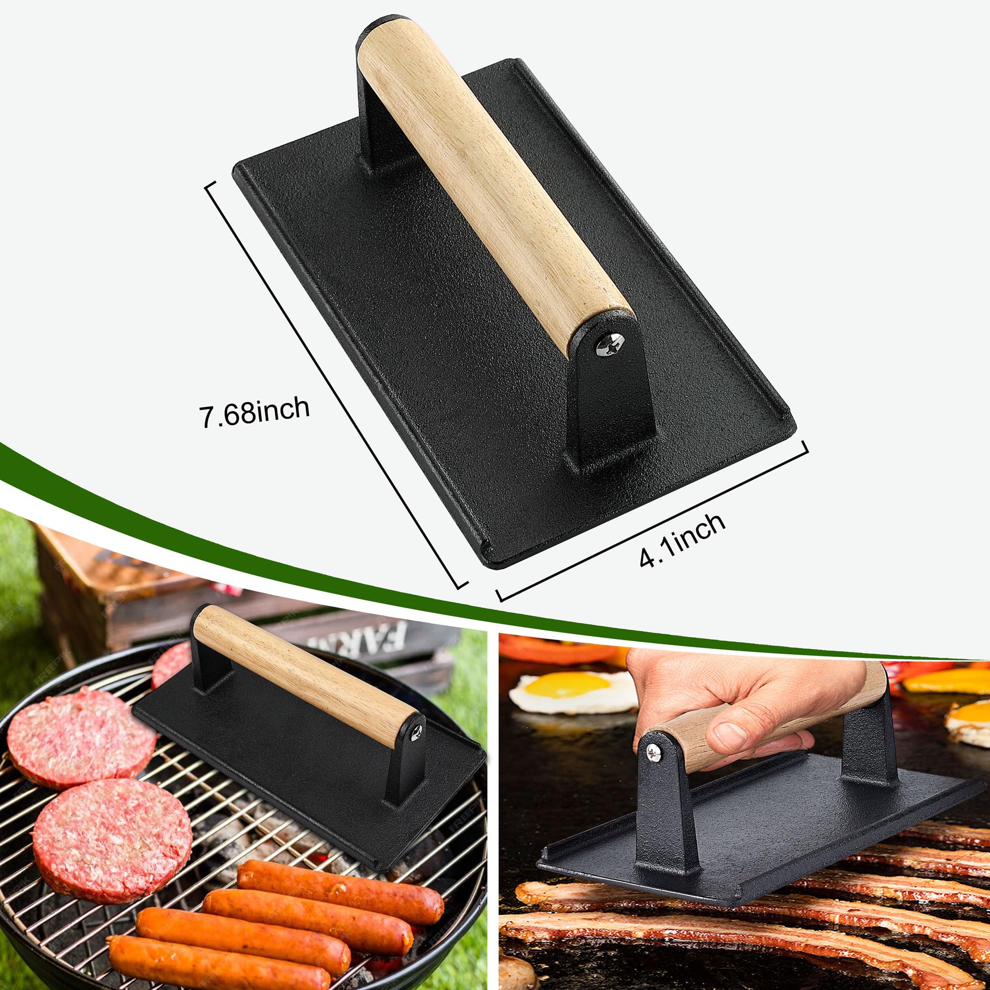 POLIGO 5PCS Smash Burger Press Kit - 4 in 1 Hamburger Patty Storage Containers, 7.68"X4.1" Cast Iron Smash Bacon Press - Non Stick Smash Burger Press Set for Grill and Griddle Cooking, Rectangle