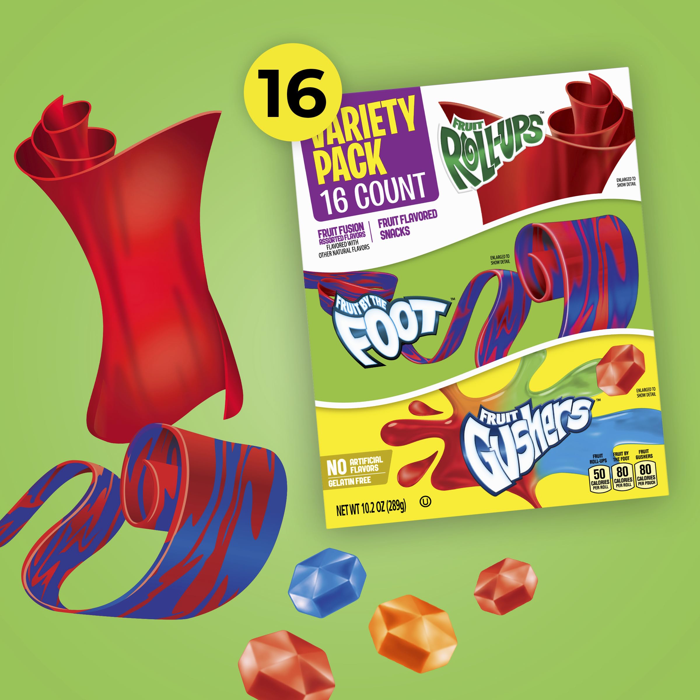 Fruit Roll-Ups, Fruit by the Foot, Gushers, Fruit Flavored Snacks Variety Pack, Gluten Free, Stocking Stuffer, 16 Ct, 10.2 oz