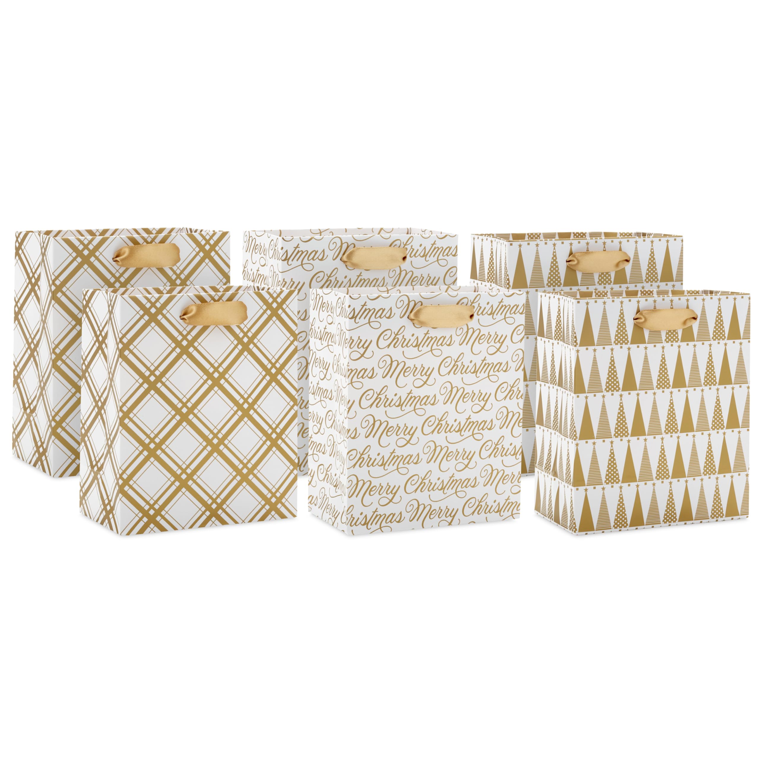 Hallmark 6" Small Holiday Gift Bag Bundle (6 Bags: Ivory and Gold Trees, Plaid, Merry Christmas)