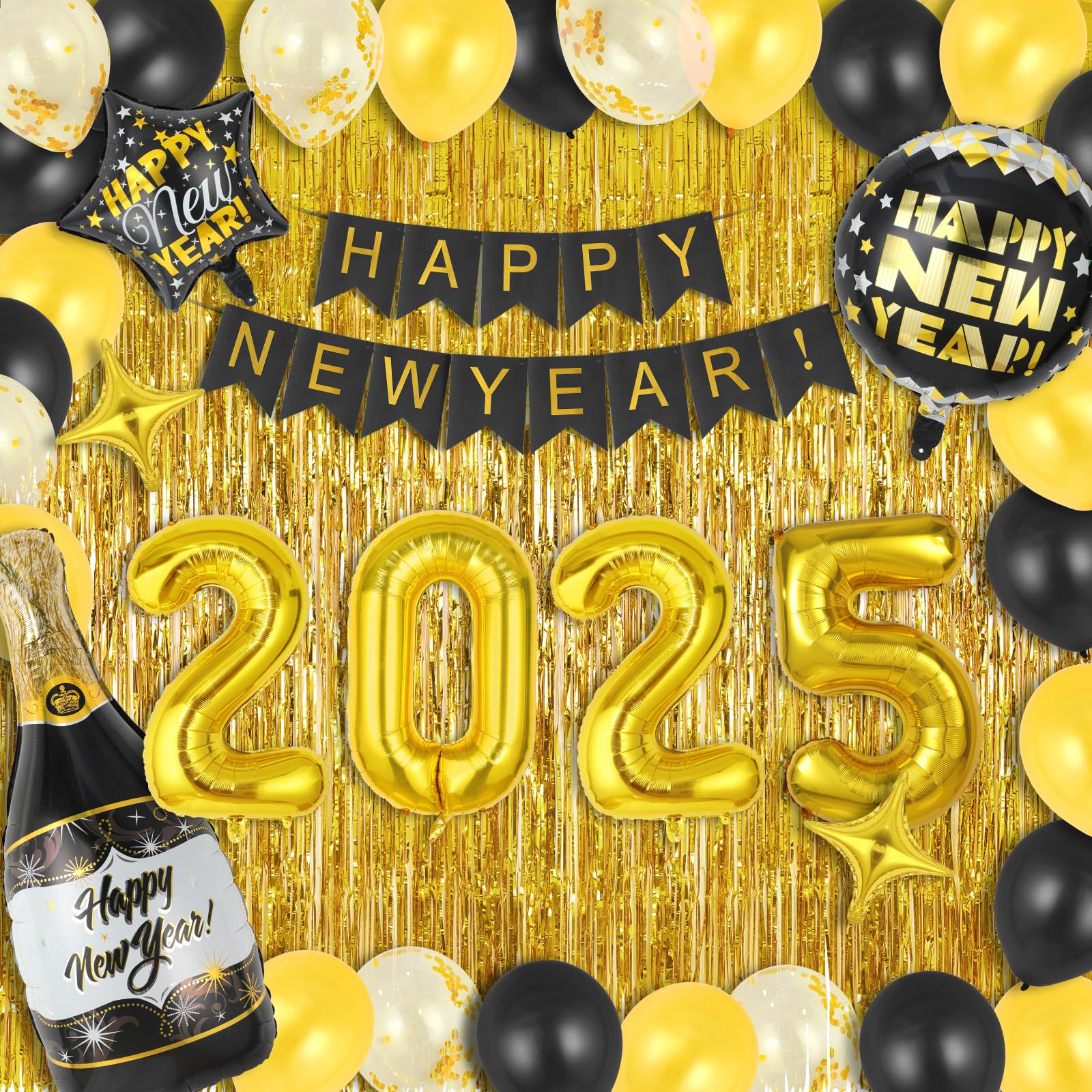 New Year Eve Party Supplies 2025 - Happy New Year Decorations with 2025 Foil Balloon, Happy New Year Banner, Latex Balloon and Gold Foil Curtain Backdrop（Black Gold）