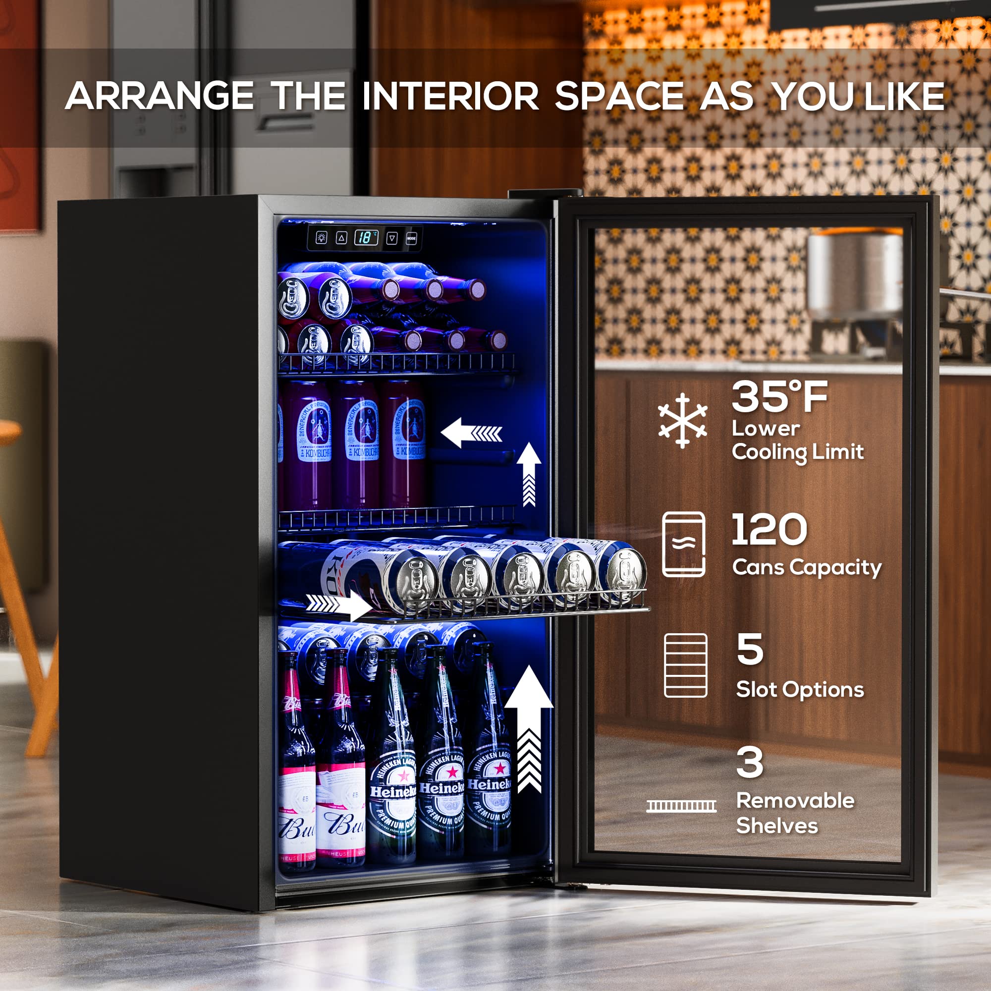 Manastin Beverage Refrigerator Cooler-120 Cans Freestanding Mini Fridge Cooler with Glass Door, Adjustable Shelves & Digital Temperature Display for Soda, Wine or Beer (Black, 3.2 Cu.Ft)