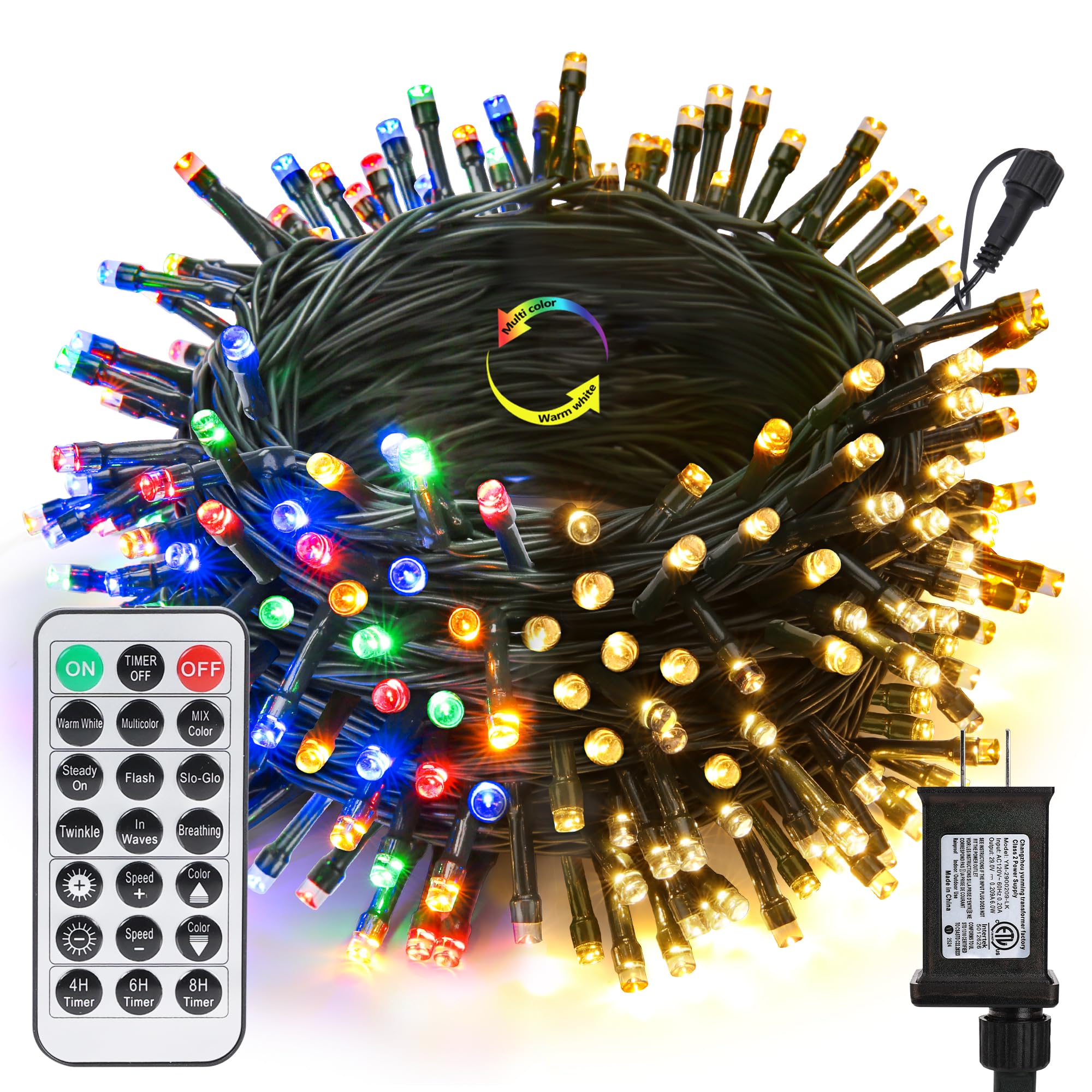 Joomer Color Changing Christmas Lights, 66FT 200 LED String Lights with Remote Timer Dimmable Connectable Fairy String Outdoor Waterproof for Christmas Decoration (Warm White to Multicolor)