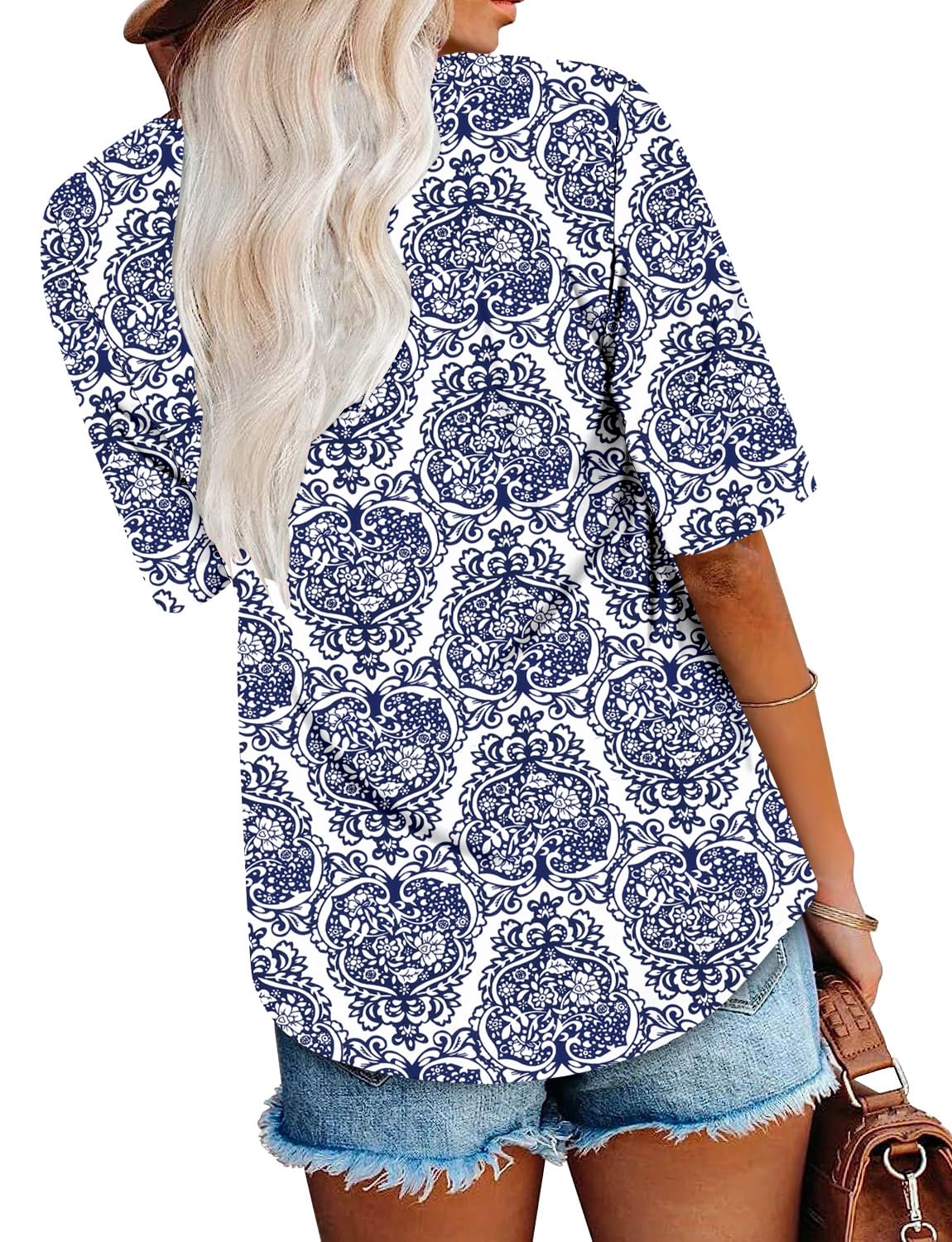 ONLYSHE Womens Summer Blue Printed Tops Short Sleeve Blouse Loose Casual Shirts Cute Tunic L