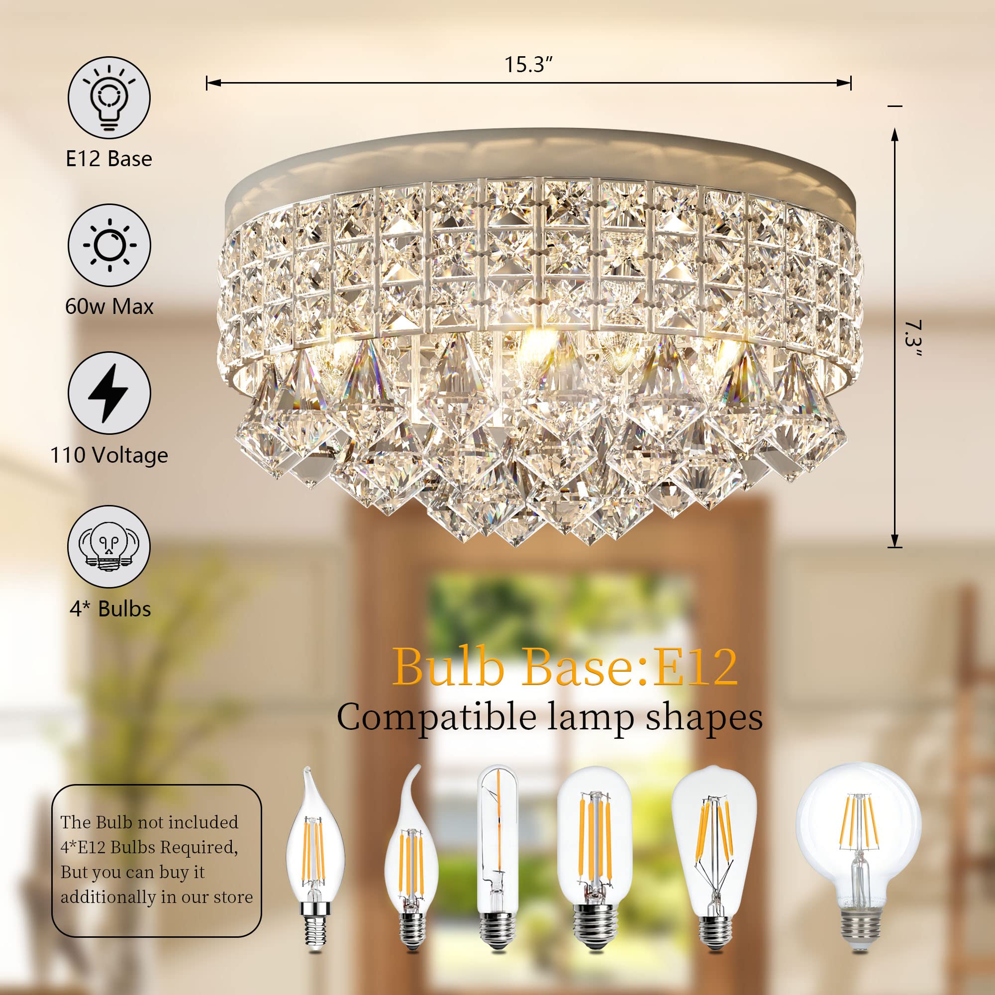 Maxax 4 Lights Crystal Chandelier, Modern Drum Ceiling Light Fixture Lamp, Raindrop Flush Mount Round Metal Shade, for Dining Room, Living Room, Bathroom, Bedroom, Chrome