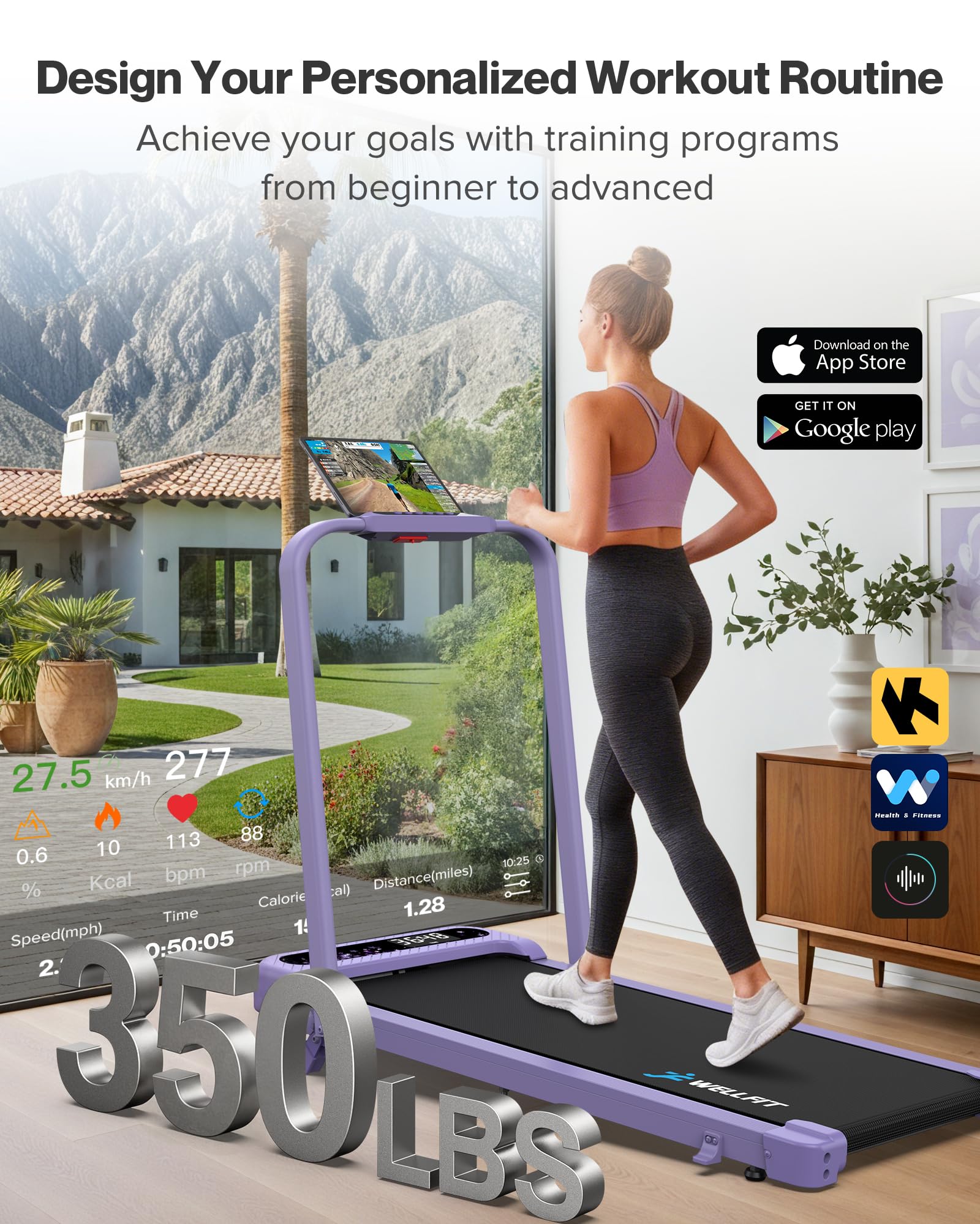 WELLFIT Folding Treadmill with Handlebar, 350 LBS Incline Walking Pad, Quiet Under Desk Treadmill for Home Office, APP & Voice Control, No Assembly Compact Foldable Treadmills, Purple Gift for Women