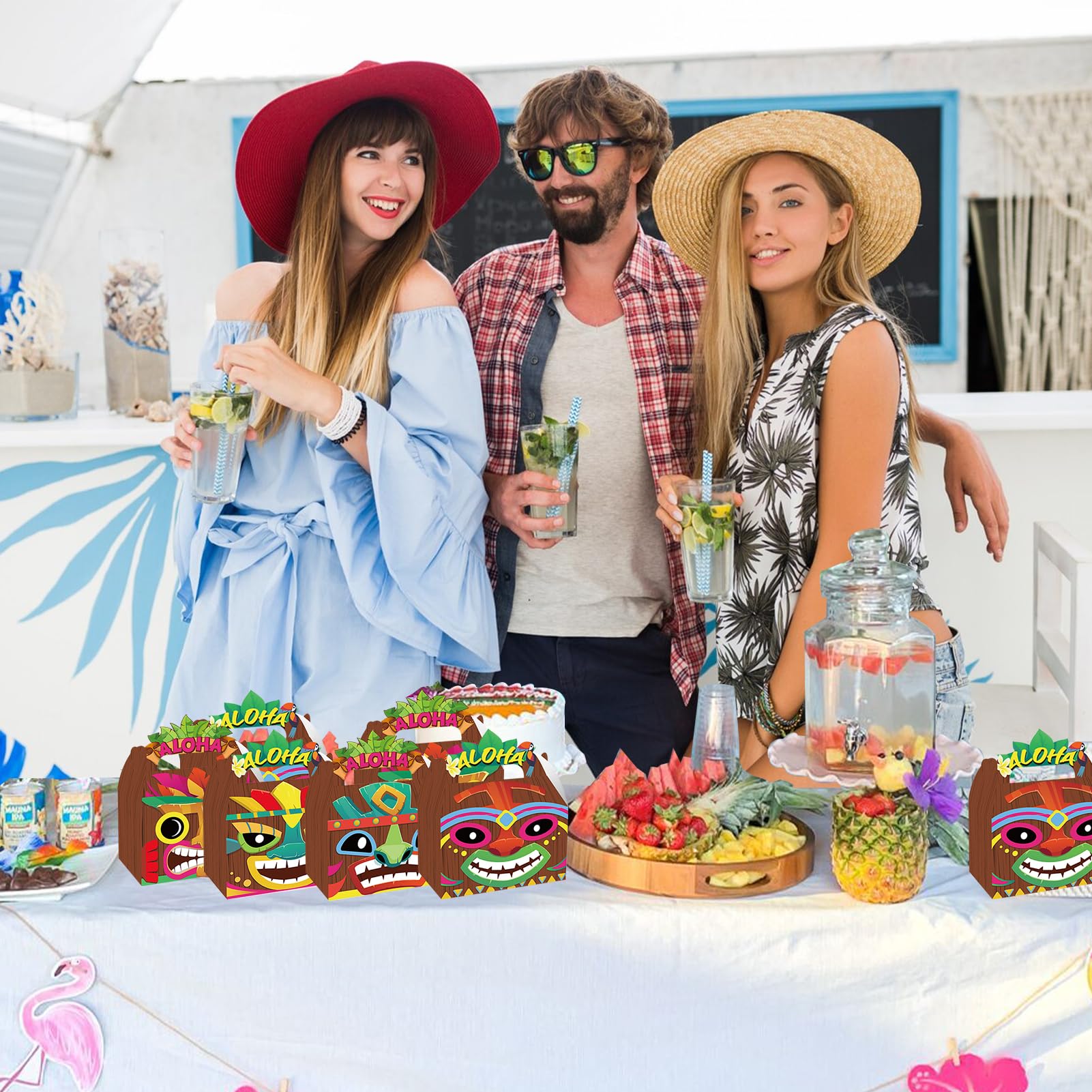 CIEOVO 24 Pack Hawaiian Aloha Party Favor Treat Boxes, Tiki Luau Print Party Goodie Candy Treat Present Boxes for Tropical Themed Aloha Hawaiian Luau Wedding Birthday Party Supplies