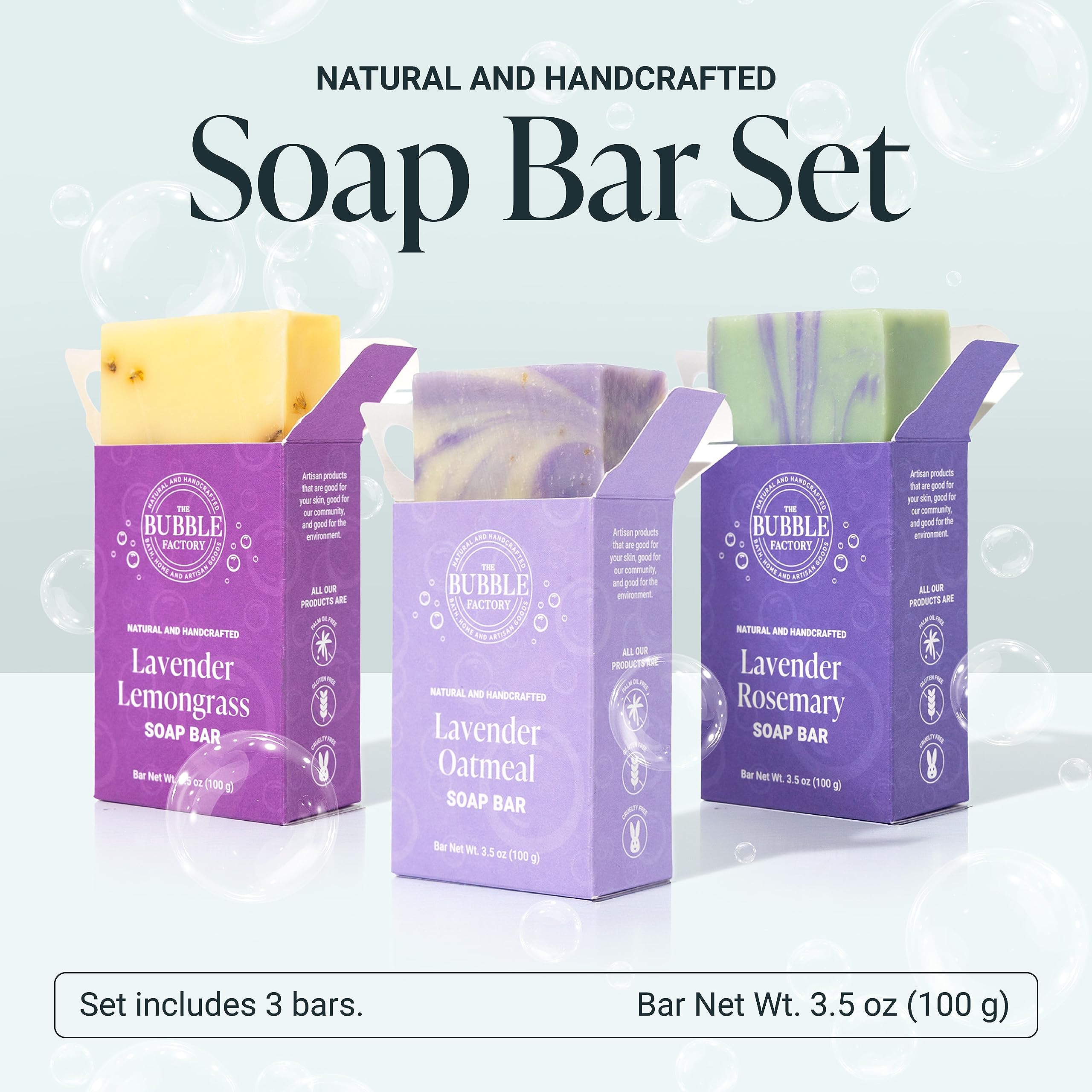 The Bubble Factory Handmade Natural Bath & Body Soap Bar, Vegan, All-Natural, Palm Oil Free, Made in USA with Shea Butter + Essential Oils, Lavender Collection, 3 Bars