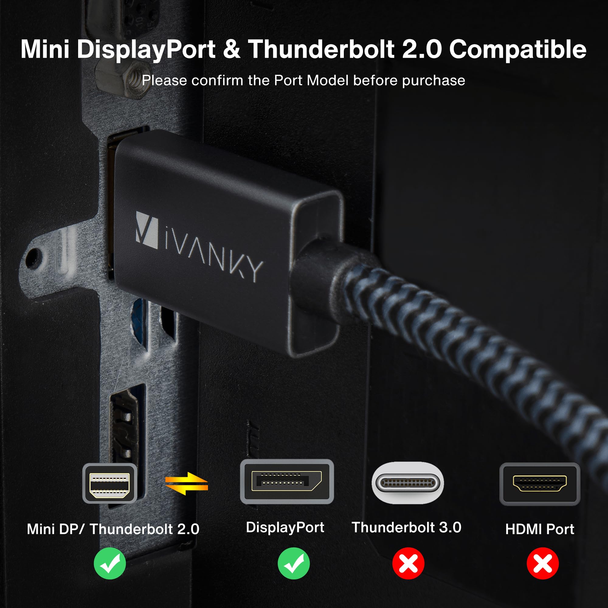 IVANKY 8K Mini DisplayPort to DisplayPort Cable 10ft, Bi-Directional Mini DP to DP Cable 8K@60Hz, 4K@144Hz, 32.4Gbps HDR, Thunderbolt to DisplayPort, Aluminum Shell, Gold-Plated Braided for MacBook