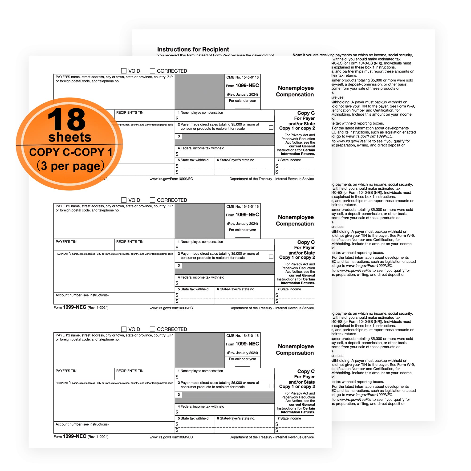 1099-NEC Forms for 2024, 4-Part Tax Forms, Vendor Kit of 25 Laser Forms and 25 Self-Seal Envelopes, Forms Designed for QuickBooks and Other Accounting Software