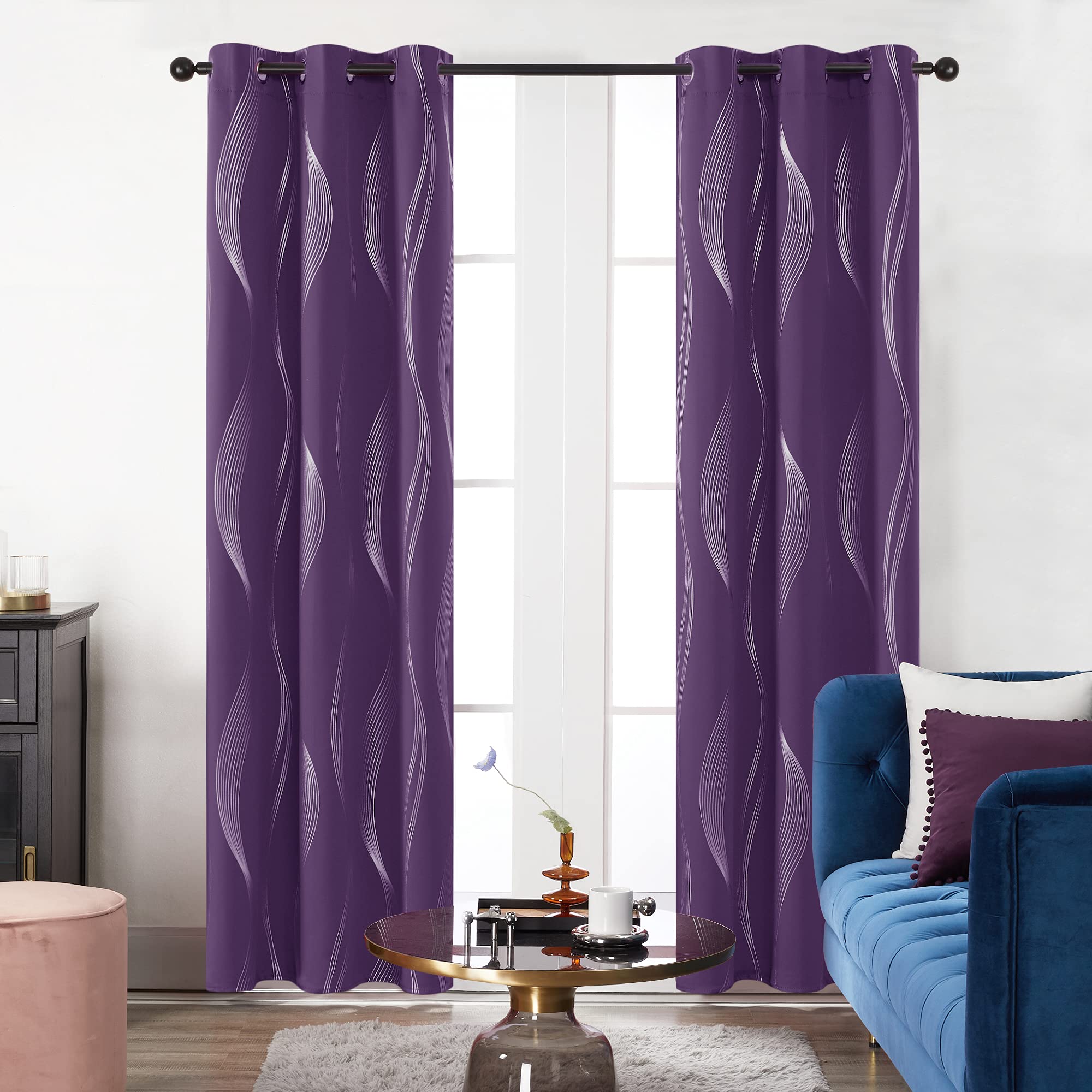 Deconovo Blackout Curtains, Wave Foil Printed Decorative Curtains for Girls Room, Thermal Insulated Grommet Drapes, 42x54 Inch, 2 Panels, Purple Grape