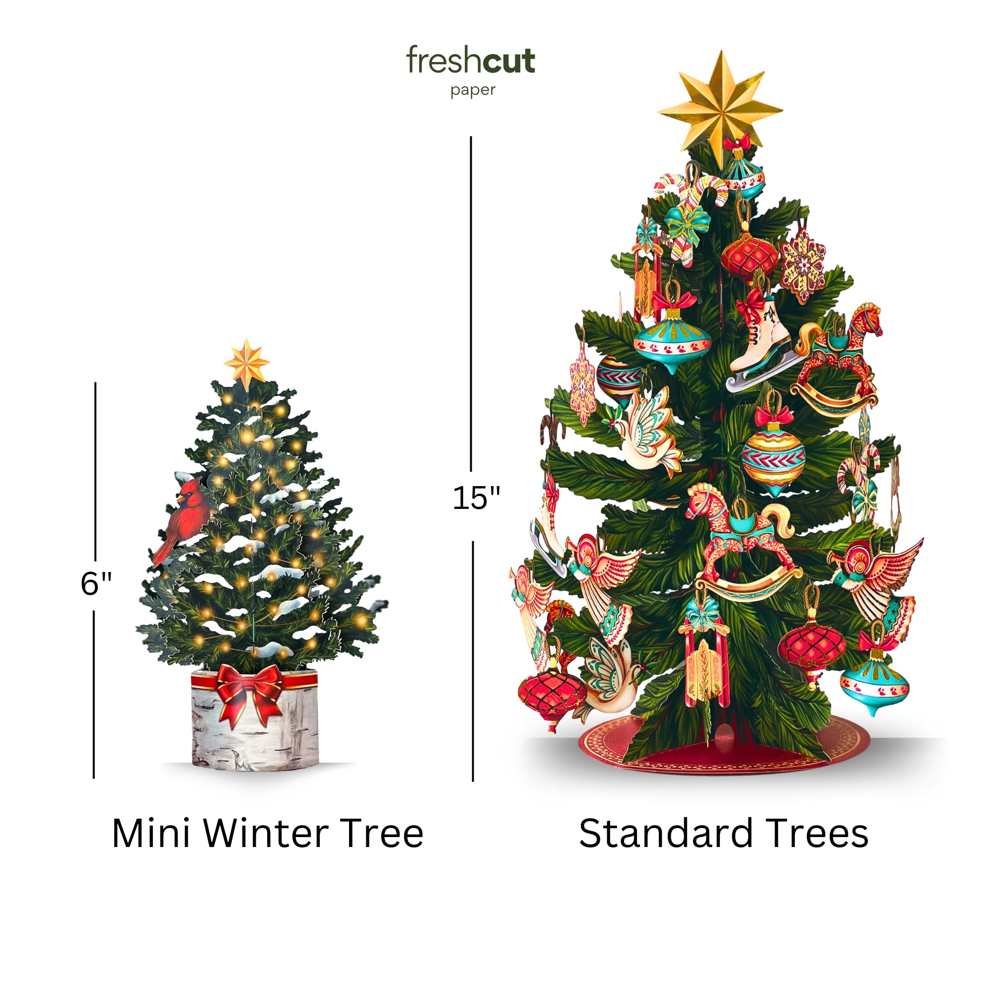 Freshcut Paper Pop Up Cards, Merry Mini Tree, 7 Inch Christmas Tree 3D Popup Greeting Cards, Christmas Cards, Holiday Gift Cards with Note Card & Envelope, Pack of 5