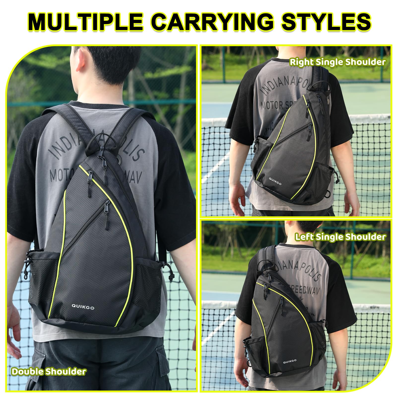 QUIKGO Pickleball Bag for Women & Men, Adjustable Reversible Sling Bags with Fence Hook, Protable Pickle Ball Paddle Backpack, Pickleball Accessories