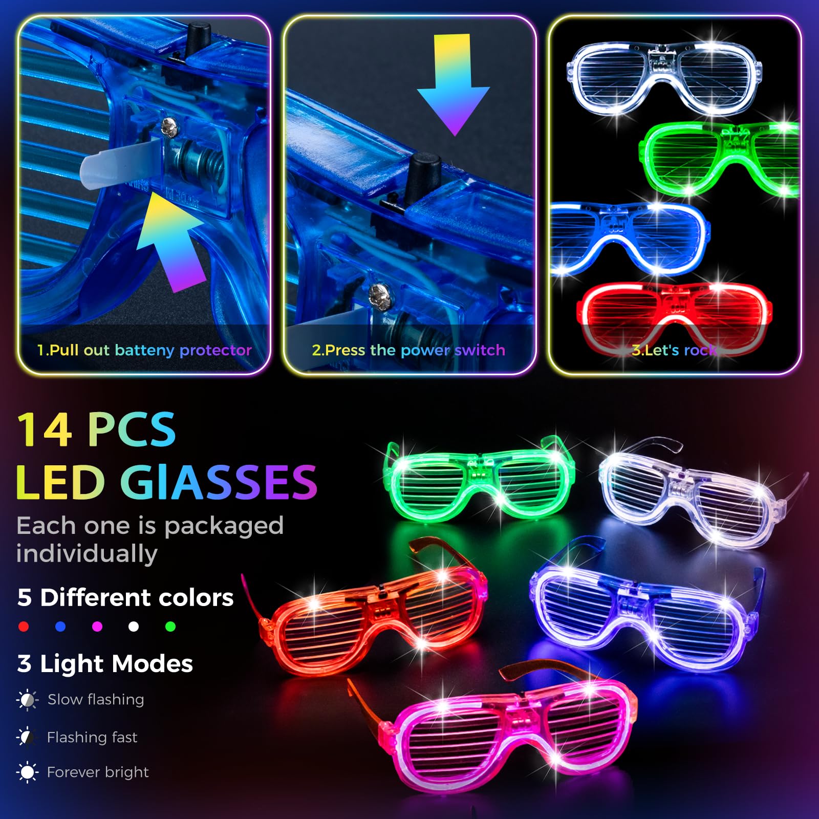 SHQDD138 PCS Glow in the Dark Party Supplies, 24 PCS Glow Fiber Optic Wands, 14 PCS LED Glasses and 100PCS Glow Sticks Bracelets, Neon Party Favors for Glow Party, Wedding, Concert, Raves Birthday