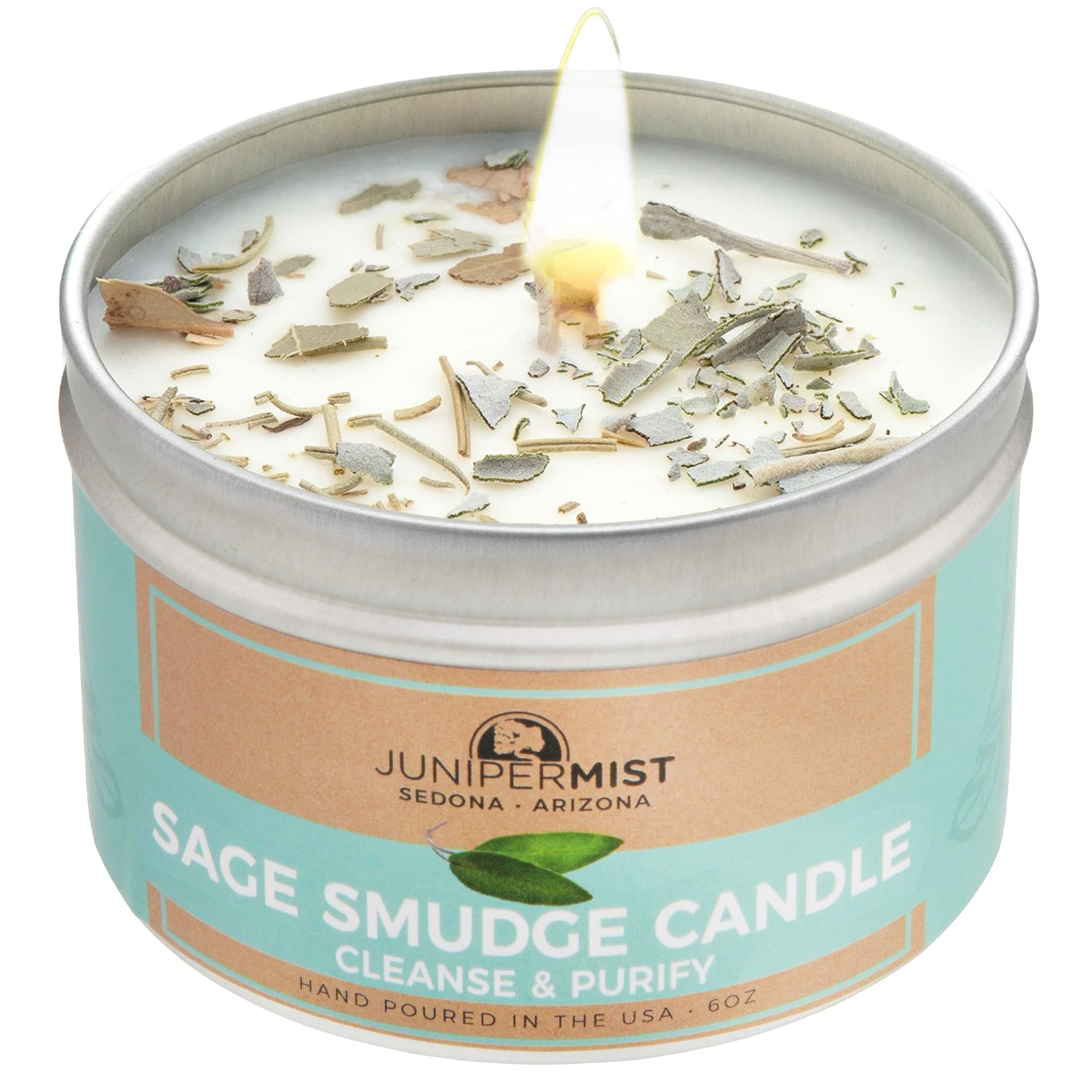 JUNIPERMIST Sage Candle w/White Sage Leaf (6 Oz) - for Meditation & Cleansing Negative Energy - Made in USA with Soy Wax & Essential Oils - Smokeless Alternative to Smudge Sticks