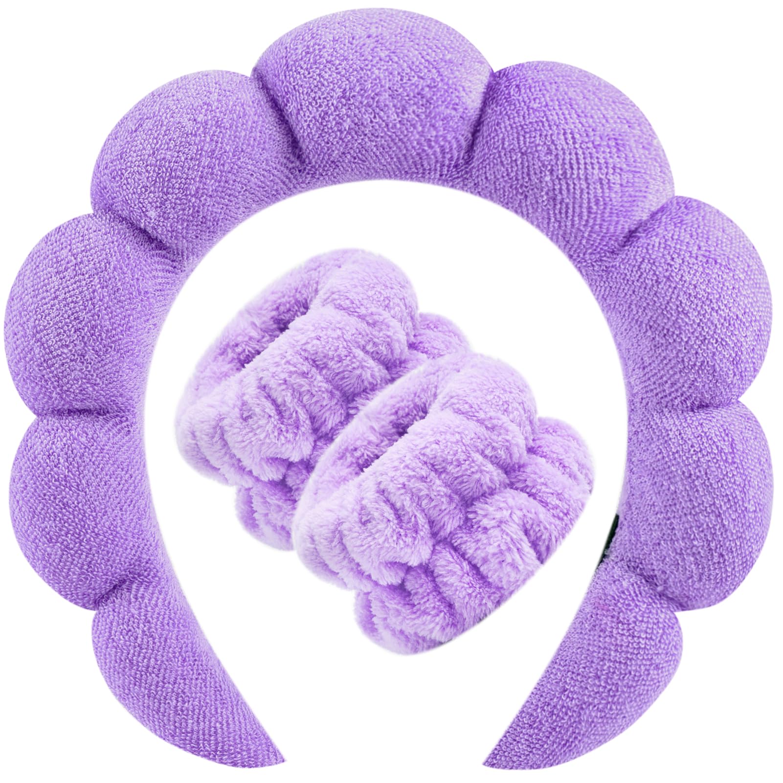 Zkptops Spa Headband for Washing Face Wristband Set Sponge Makeup Skincare Headband Terry Cloth Bubble Soft Get Ready Hairband Women Girl Puffy Padded Headwear Non Slip Thick Hair Accessory(Violet)