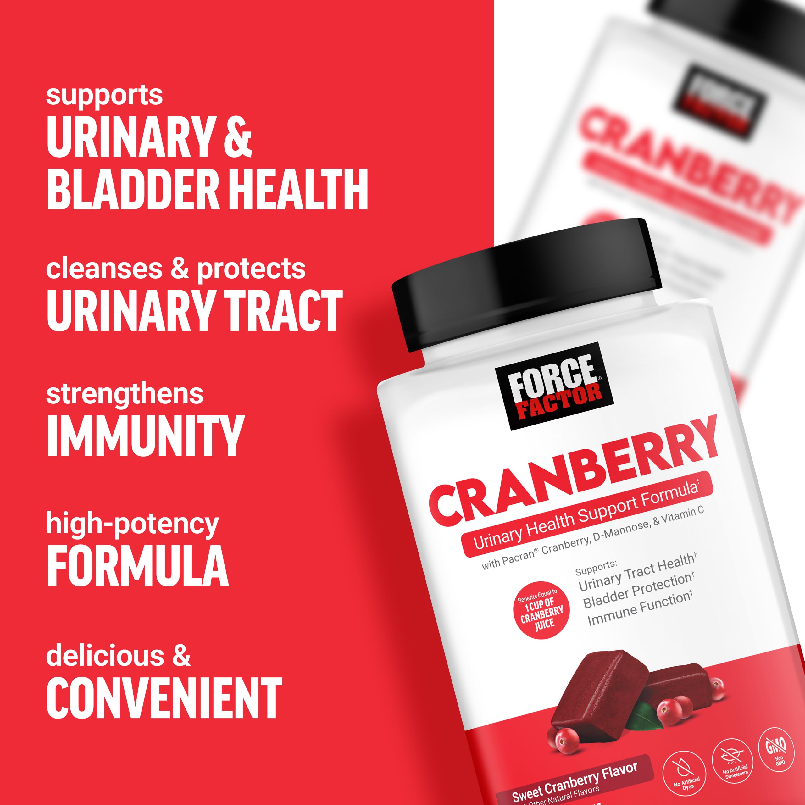 FORCE FACTOR Cranberry Soft Chews, Cranberry Supplement with D Mannose and Cranberry Extract to Support Bladder and Urinary Tract Health for Women, Vegan, Sweet Cranberry Flavor, 60 Soft Chews