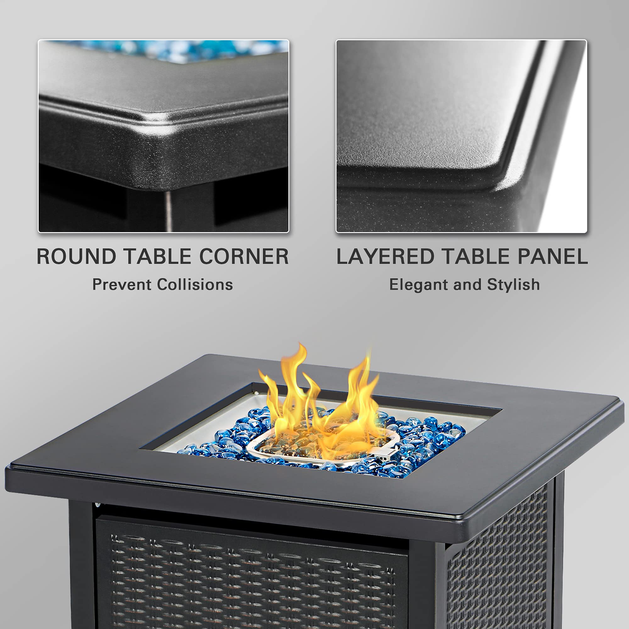 BALI OUTDOORS 28 Inch Propane Fire Pit Table, Rattan & Wicker-Look 50,000 BTU Gas Firepits with Blue Fire Glass for Outside Patio and Garden
