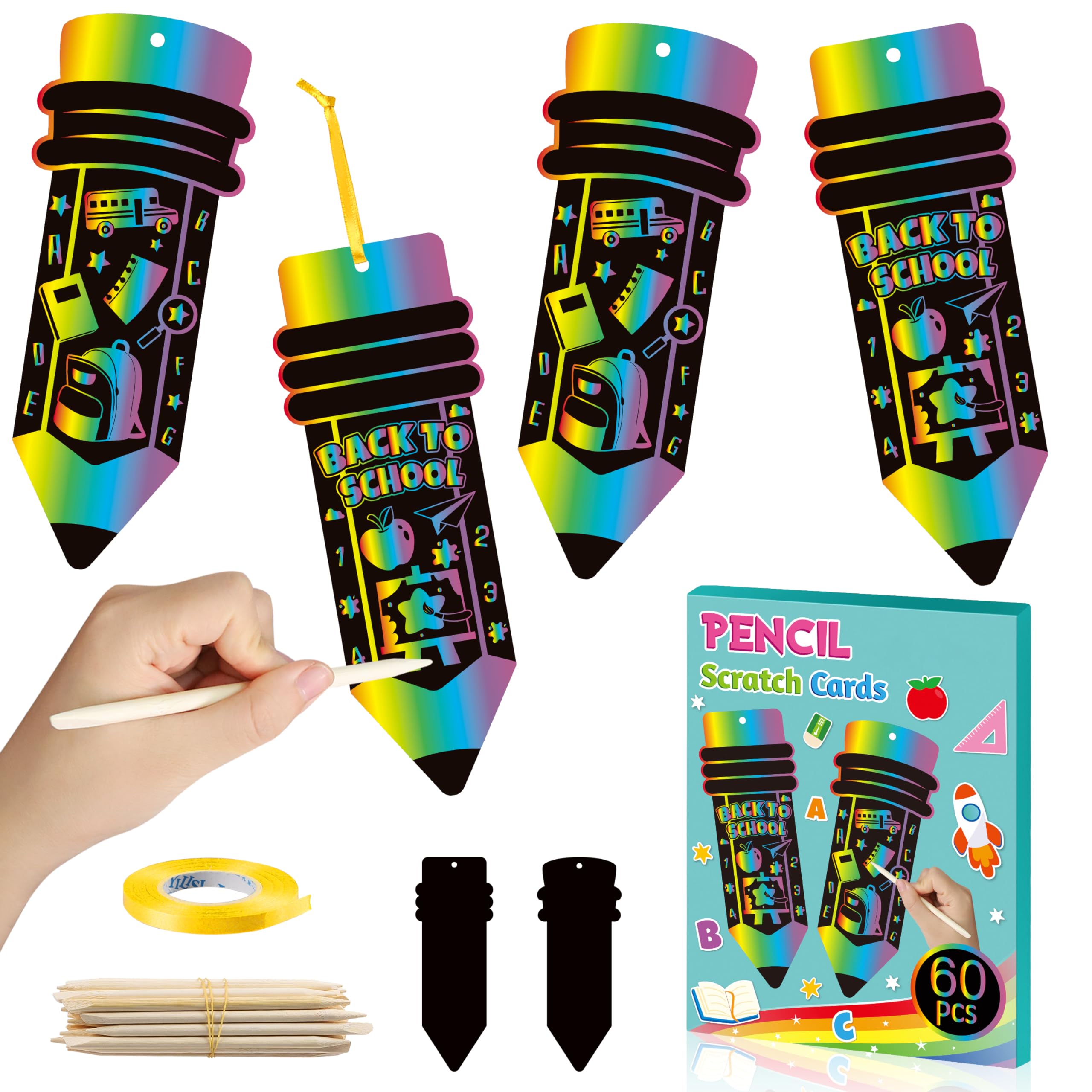 BeYumi 60Pcs Welcome Back to School Pencil Scratch Cards Gift Set for Kids DIY Magic Scratch Paper Art Back to School Scratch Bookmarks First Day of School Classroom Activity Art Project Party Favors