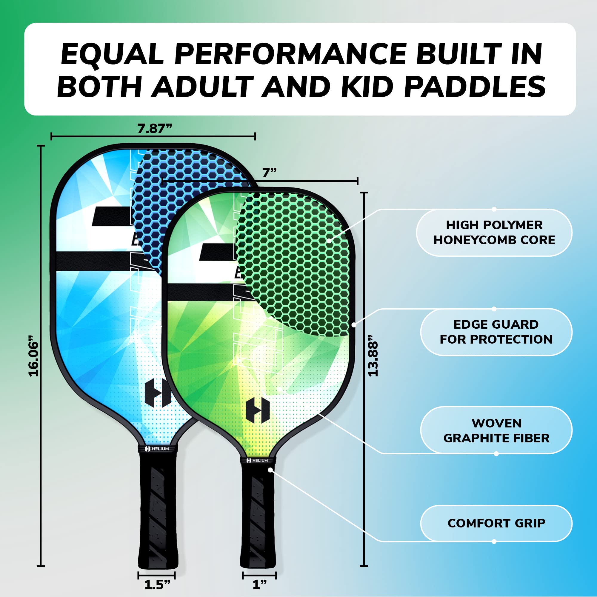 Helium Element Pickleball Family 4-Pack - 2 Child-Size & 2 Adult-Size Paddles, Lightweight Pickleball Set with Honeycomb Core, Graphite Strike Face, 4 Pickleballs & Convenient Drawstring Bag