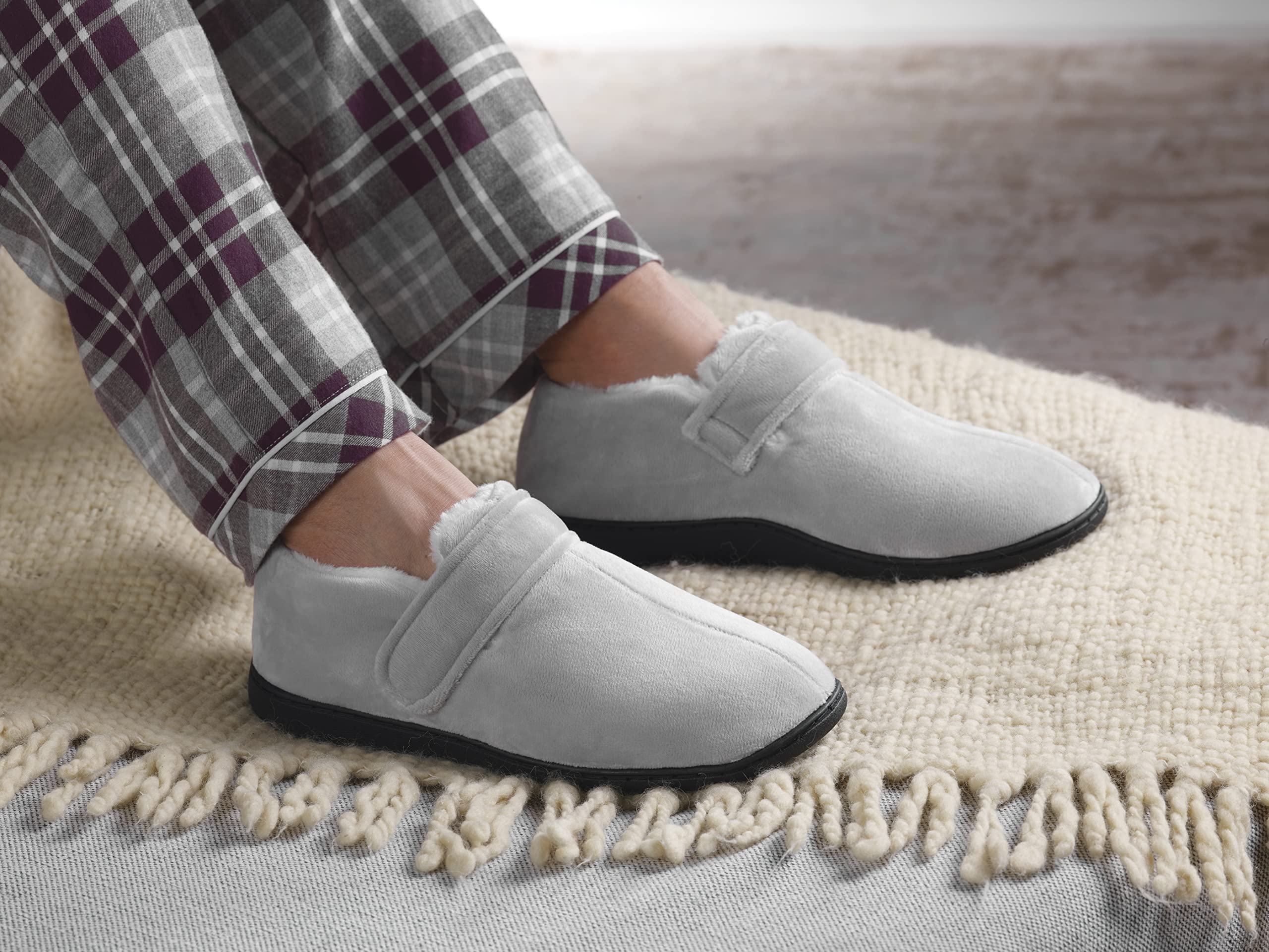 Silvert's Adaptive Clothing & Footwear Men’s Memory Foam Fleece Lined House Slippers for Seniors - Black XL