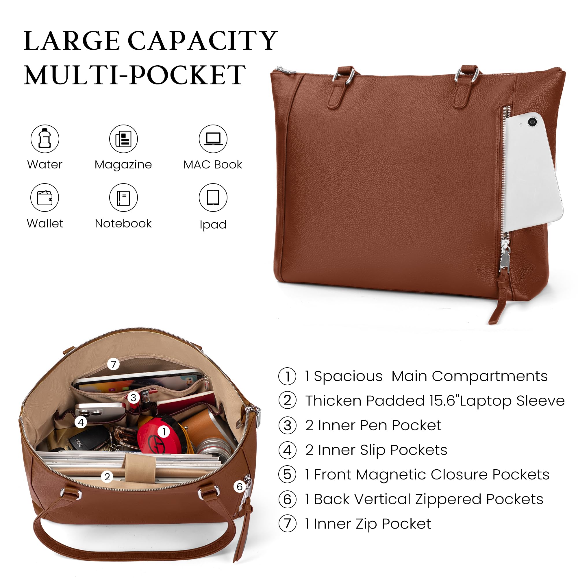 befen Genuine Leather Tote Bag for Women for Work, Brown Large Tote Purse, Women's Large Soft Leather Handbags and Shoulder Bags Satchel Handbags with Top Handles for Work Travel