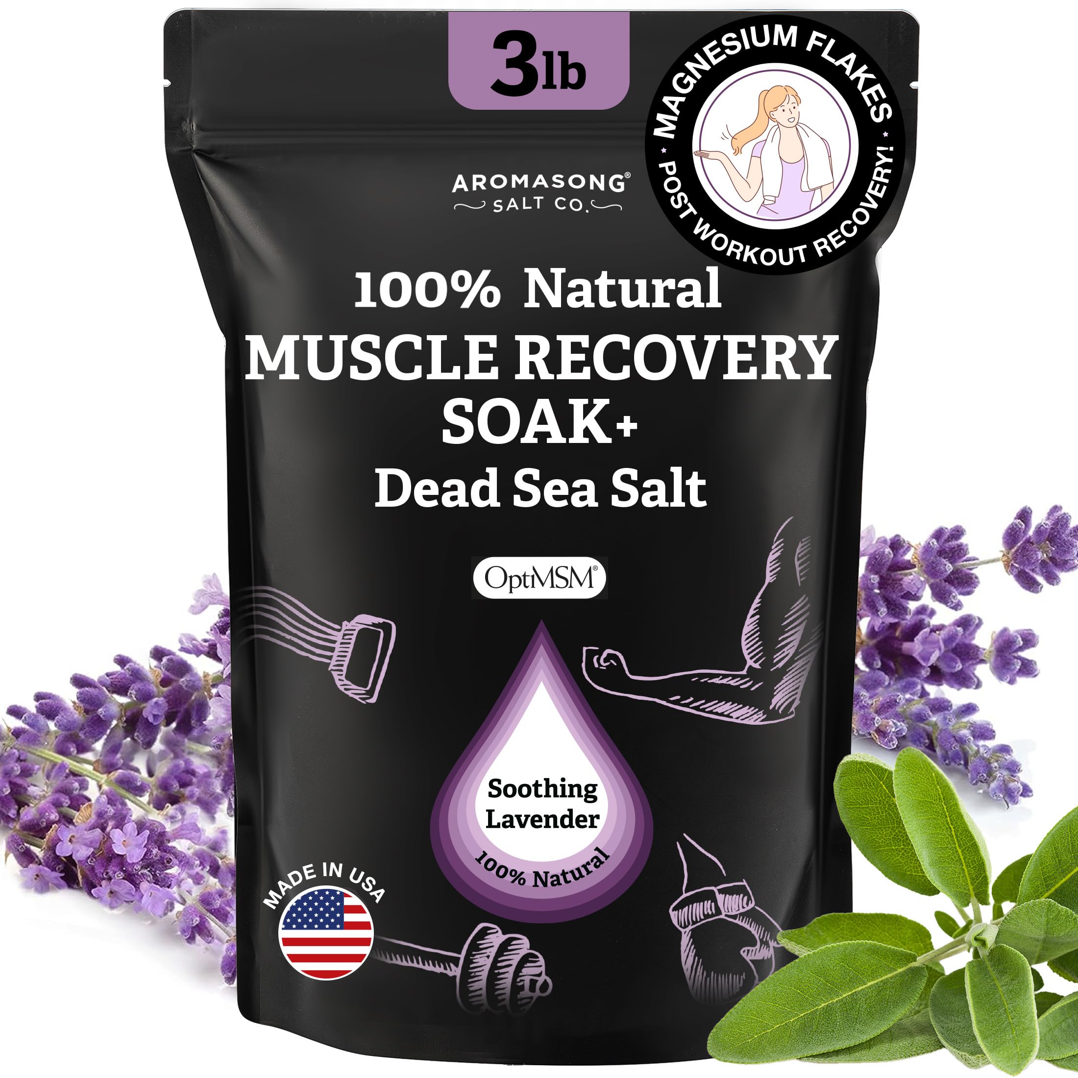 Aromasong Muscle Recovery Bath Soak for Muscle | Sore Muscle Soak with Dead Sea Salt, OptiMSM, Magnesium Flakes & Essential Oils | 3 Lb. - Made in USA.