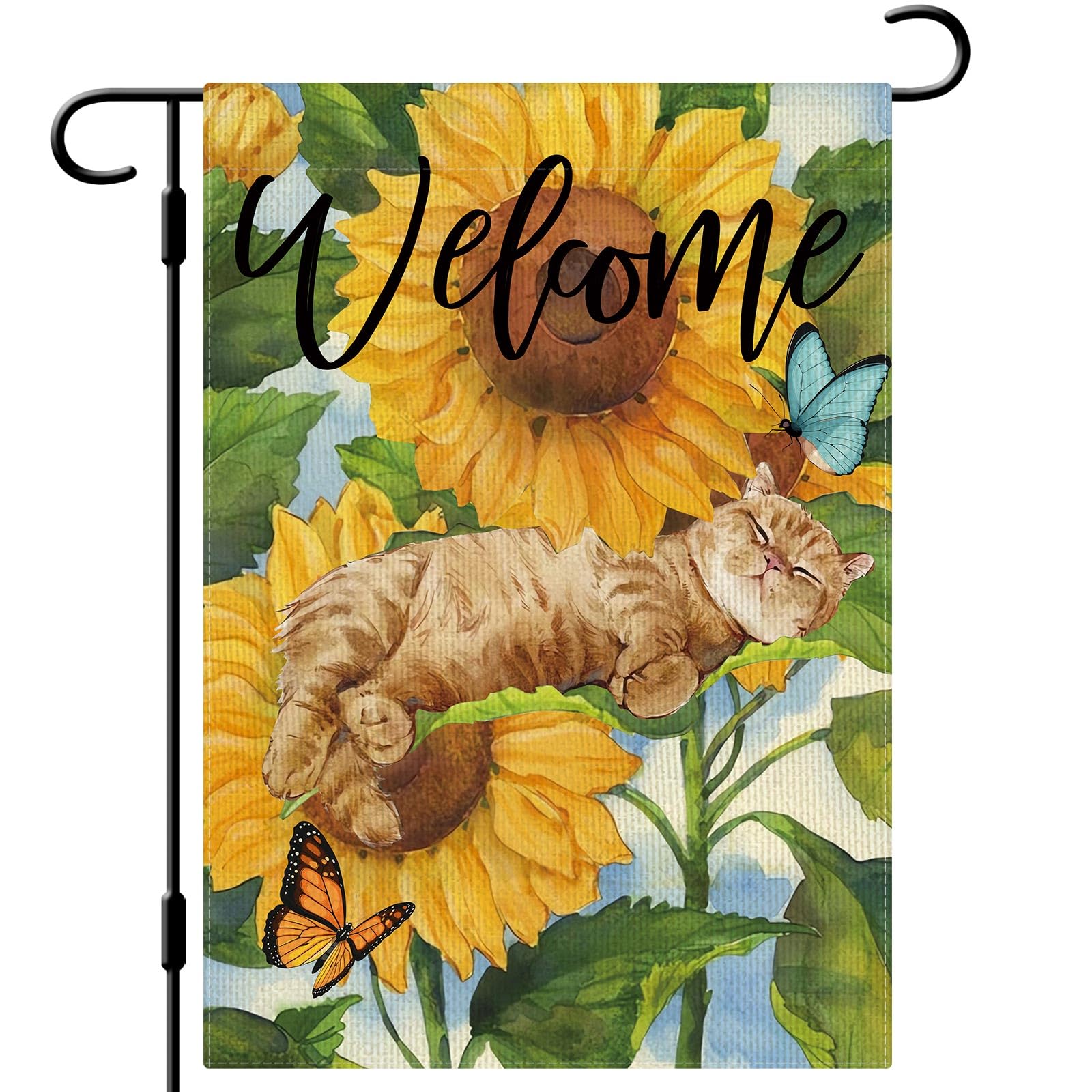 DLZDN Sunflower Cat Garden Flag Spring Summer Funny Cat Garden Flags 12×18 Inch Double Sided Vertical Burlap Farmhouse Welcome Yard Flag Seasonal Outdoor Decor