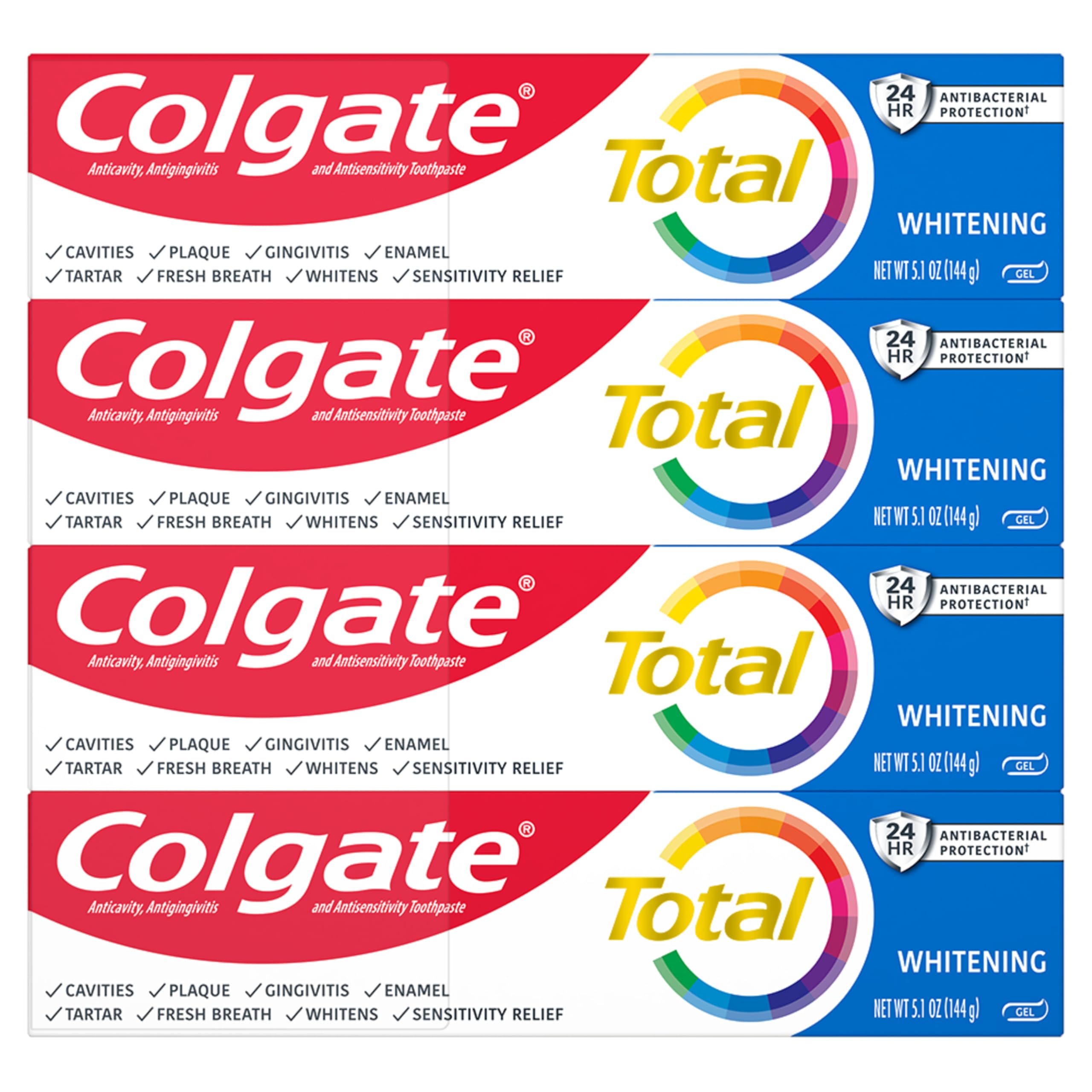 Colgate Total Whitening Toothpaste Gel, 10 Benefits, No Trade-Offs, Freshens Breath, Whitens Teeth and Provides Sensitivity Relief, Mint Flavor, 4 Pack, 5.1 Oz Tubes