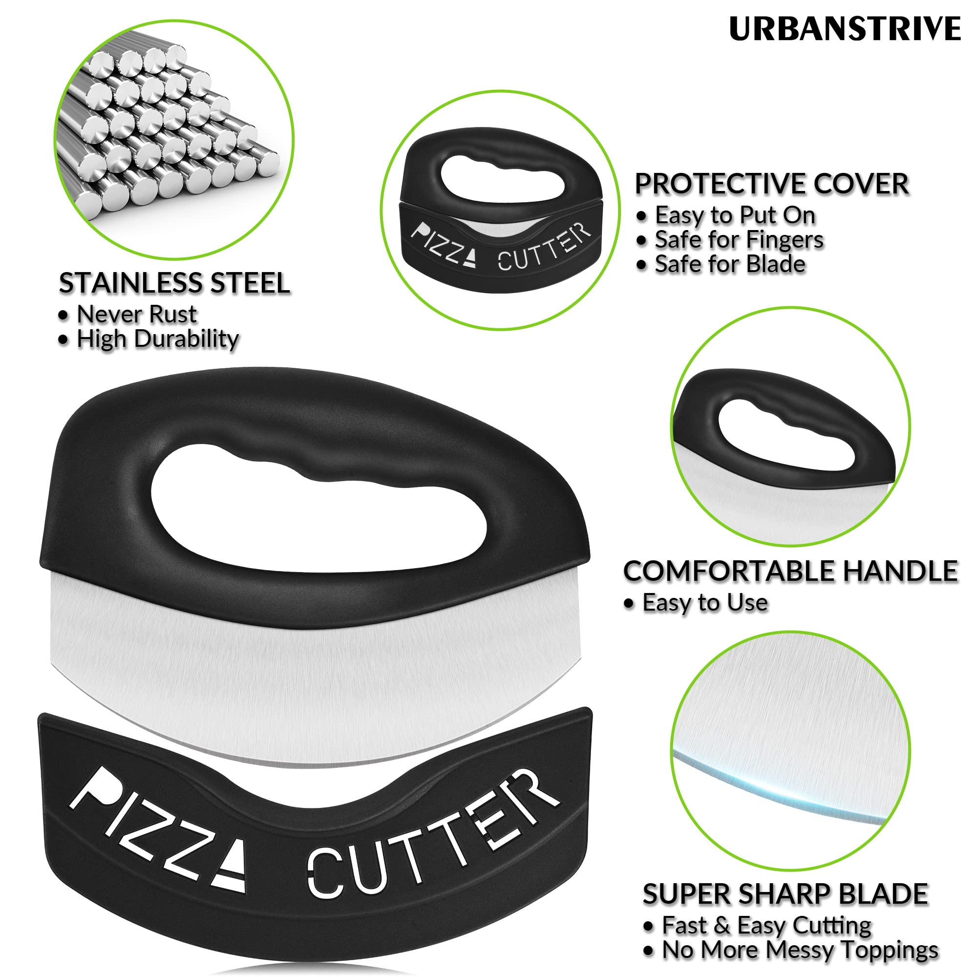 Urbanstrive Heavy Duty Stainless Steel Pizza Cutter with Cover, Super Sharp Blade Pizza Knife Pizza Cutter Rocker, Perfect Kitchen Gadgets for Pizza Cutting Home Essentials, Black