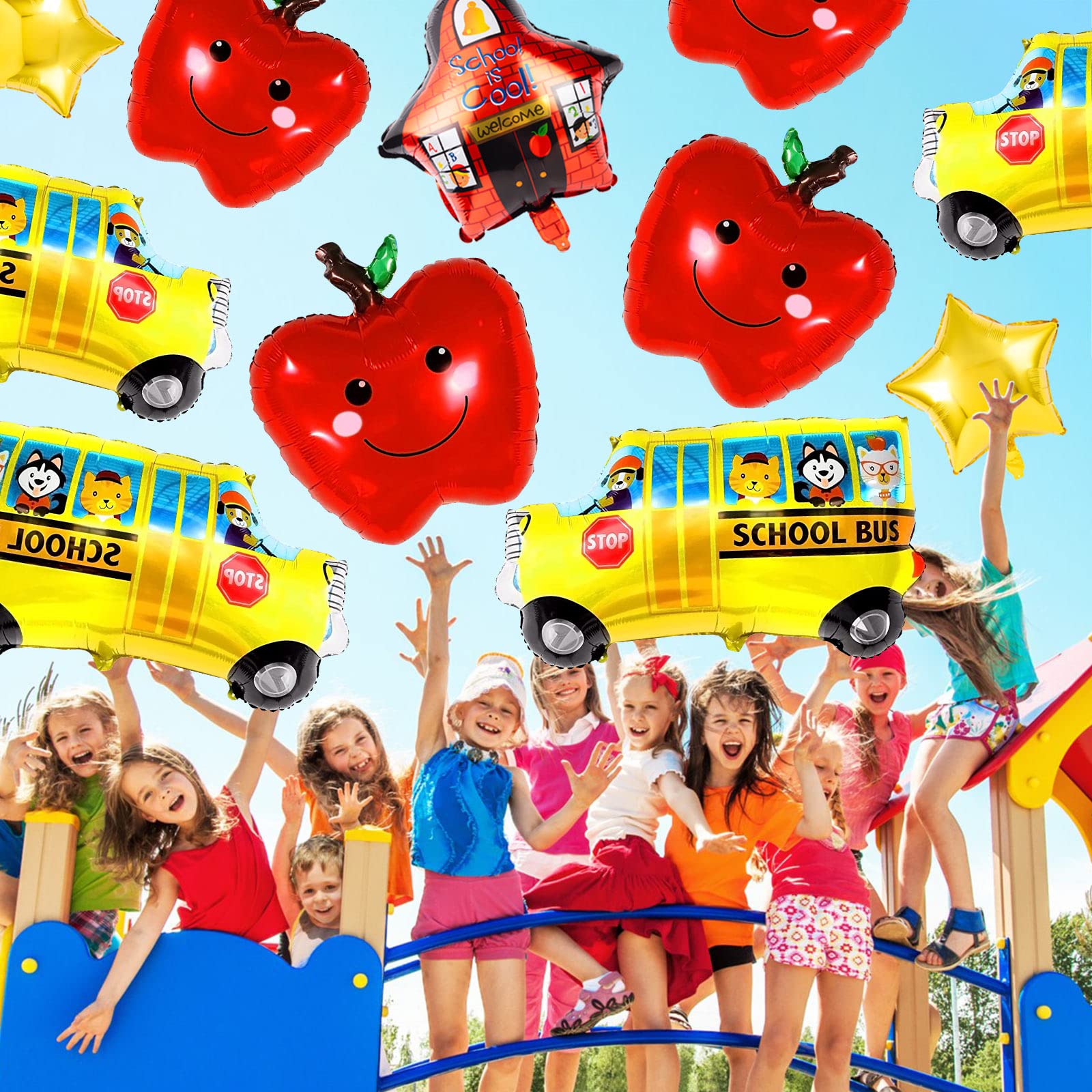20Pcs Back to School Balloon, Welcome School Bus Foil Balloons, Happy Apple Helium Mylar Balloons Bulk for School Party Decorations