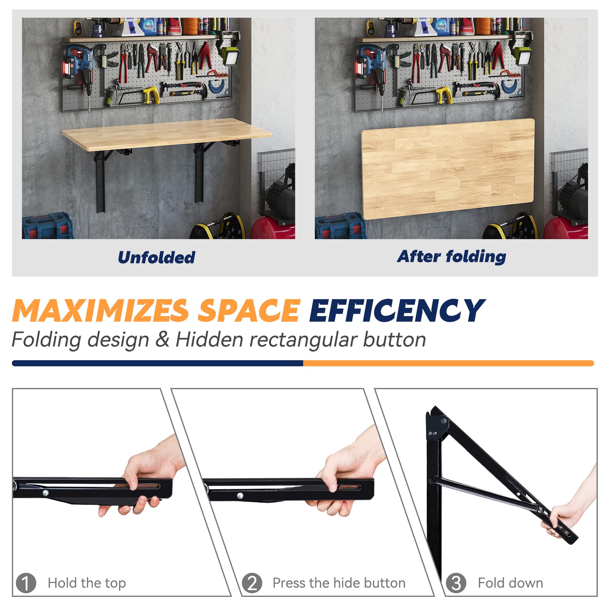 Ultrawall 48" Wall Mounted Folding Workbench, Heavy Duty Foldable Work Table, Collapsible Desk for Workshop, Garage, Office, Home, Holds Up to 550 lb