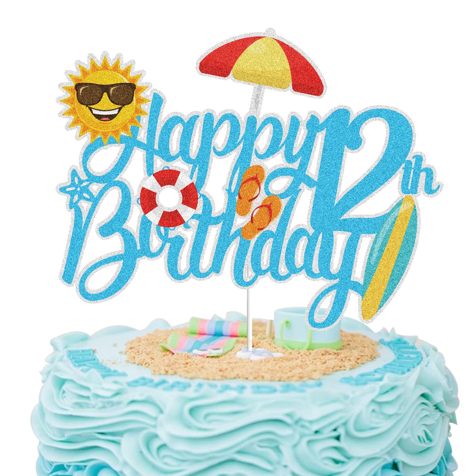 Summer Beach Happy 12th Birthday Cake Topper Blue Glitter Summer Pool Swimming Surfing 12 Twelve Years Old Party Decoration Summer Holiday Birthday Party Favor Supplies