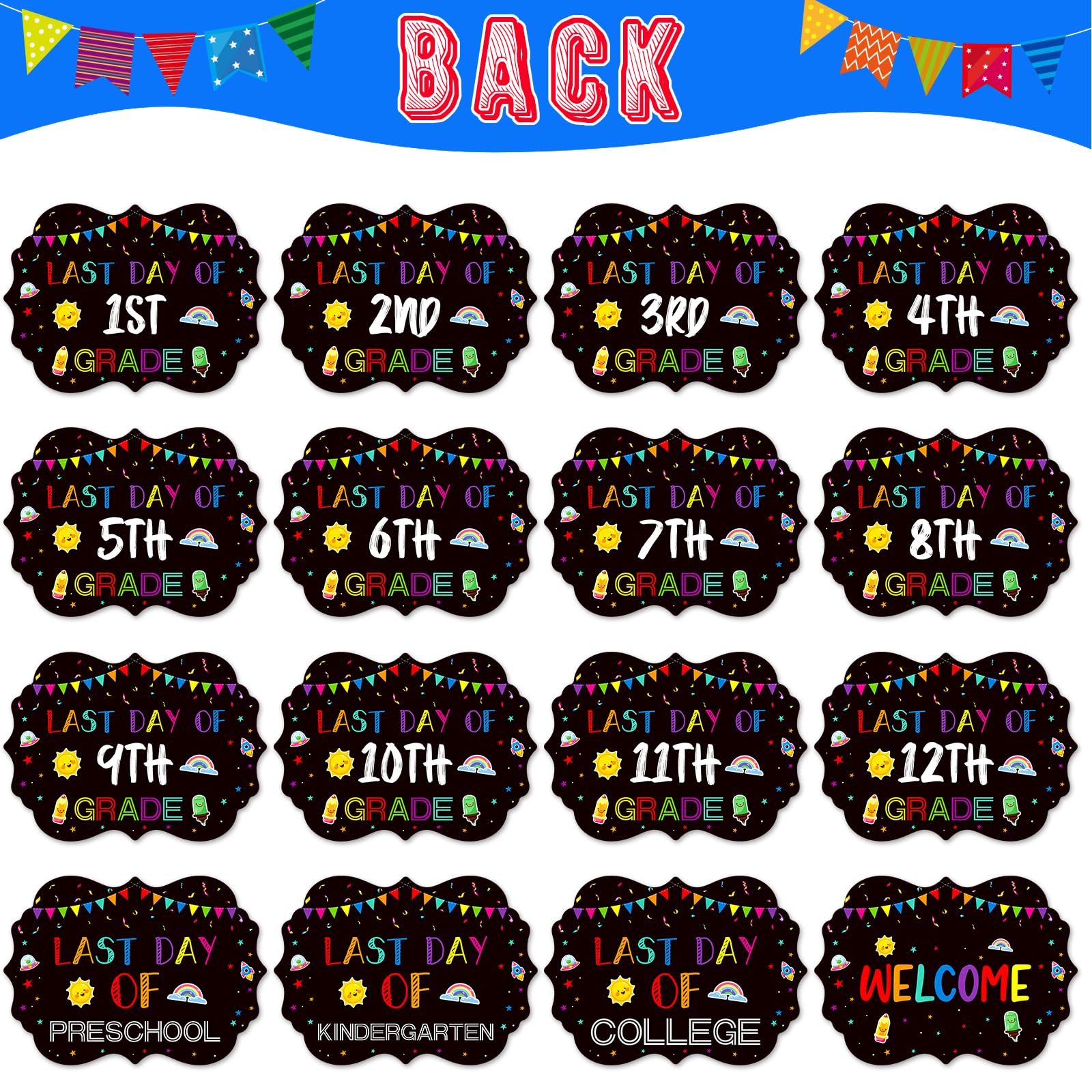 JUESMOS First and Last Day of School Sign Double Sided Back to School Chalkboard Style Photo Prop Signs for Kids Girls Boys Reusable 15 Grades Preschool Kindergarten First Grade Photo Props Supplies