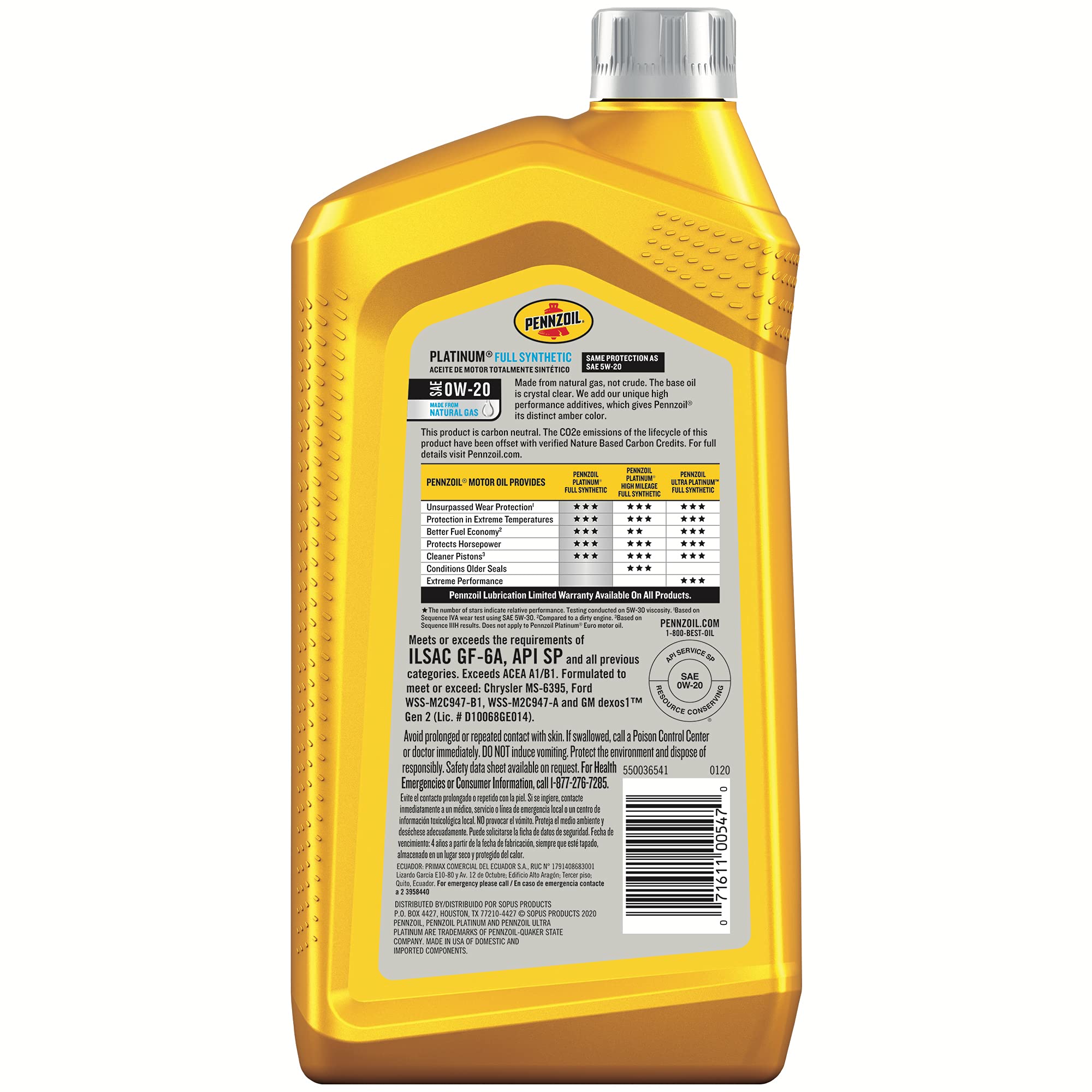 Pennzoil Platinum Full Synthetic 0W-20 Motor Oil (1-Quart, Single)