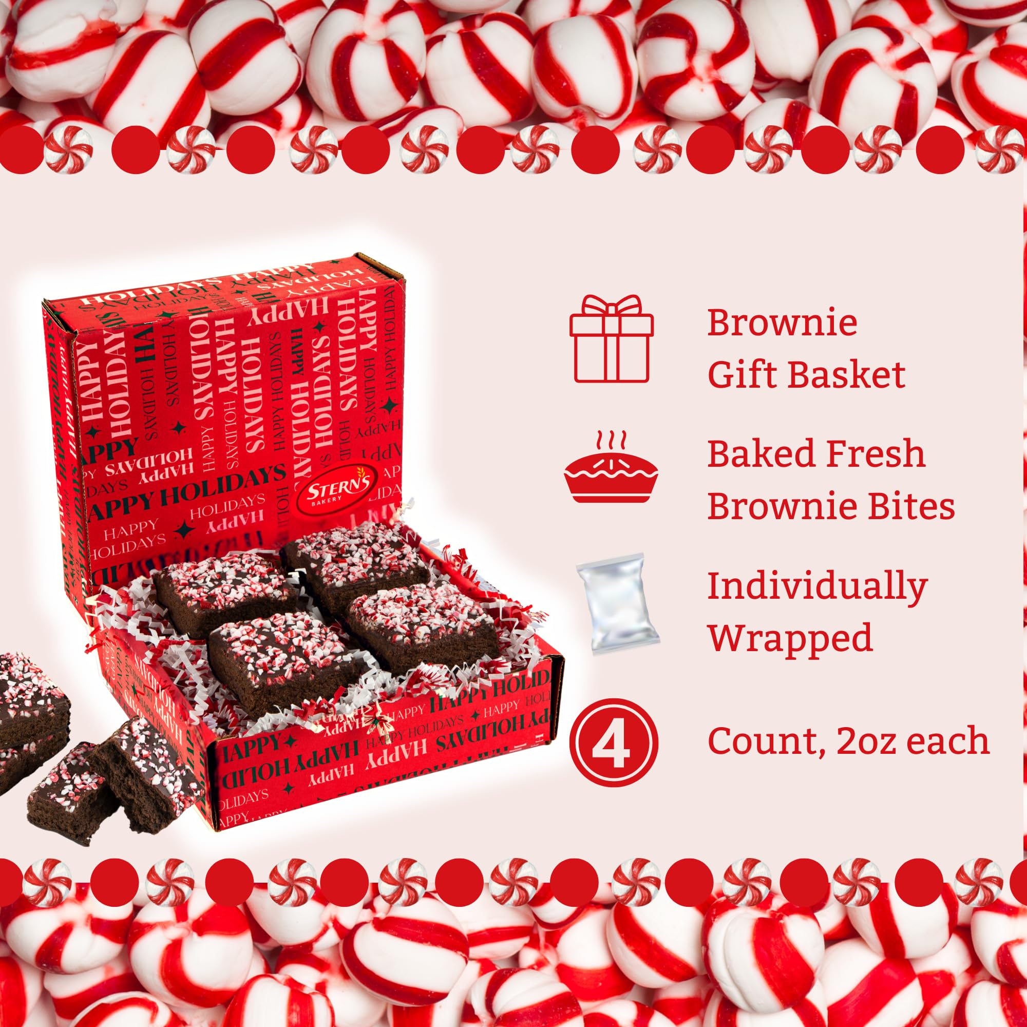 Brownie Gift Box | Chocolate Brownies with Peppermint Candy [4 Count] | Christmas Food Gift Baskets | Corporate Gifts, Stocking Stuffer Food Idea for Men Women | Kosher & Nut Free | Stern’s Bakery