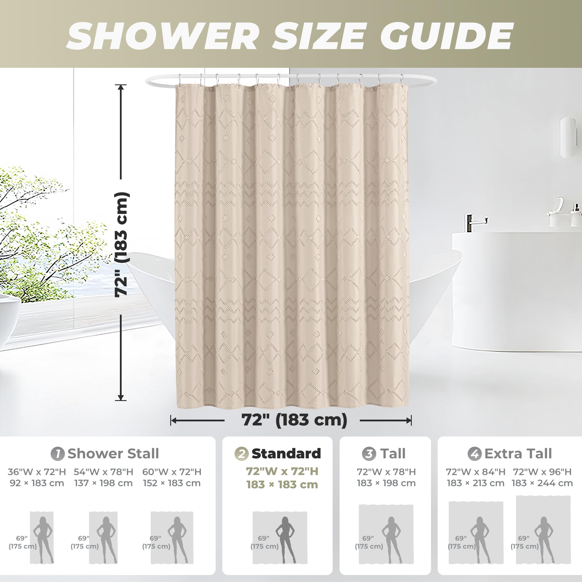 Seasonwood Beige Shower Curtain, Boho Woven Tufted Geometric Fabric Shower Curtain for Bathroom Modern Shabby Chic Textured Waterproof Farmhouse Cloth Shower Curtains, 72 x 72 Inches