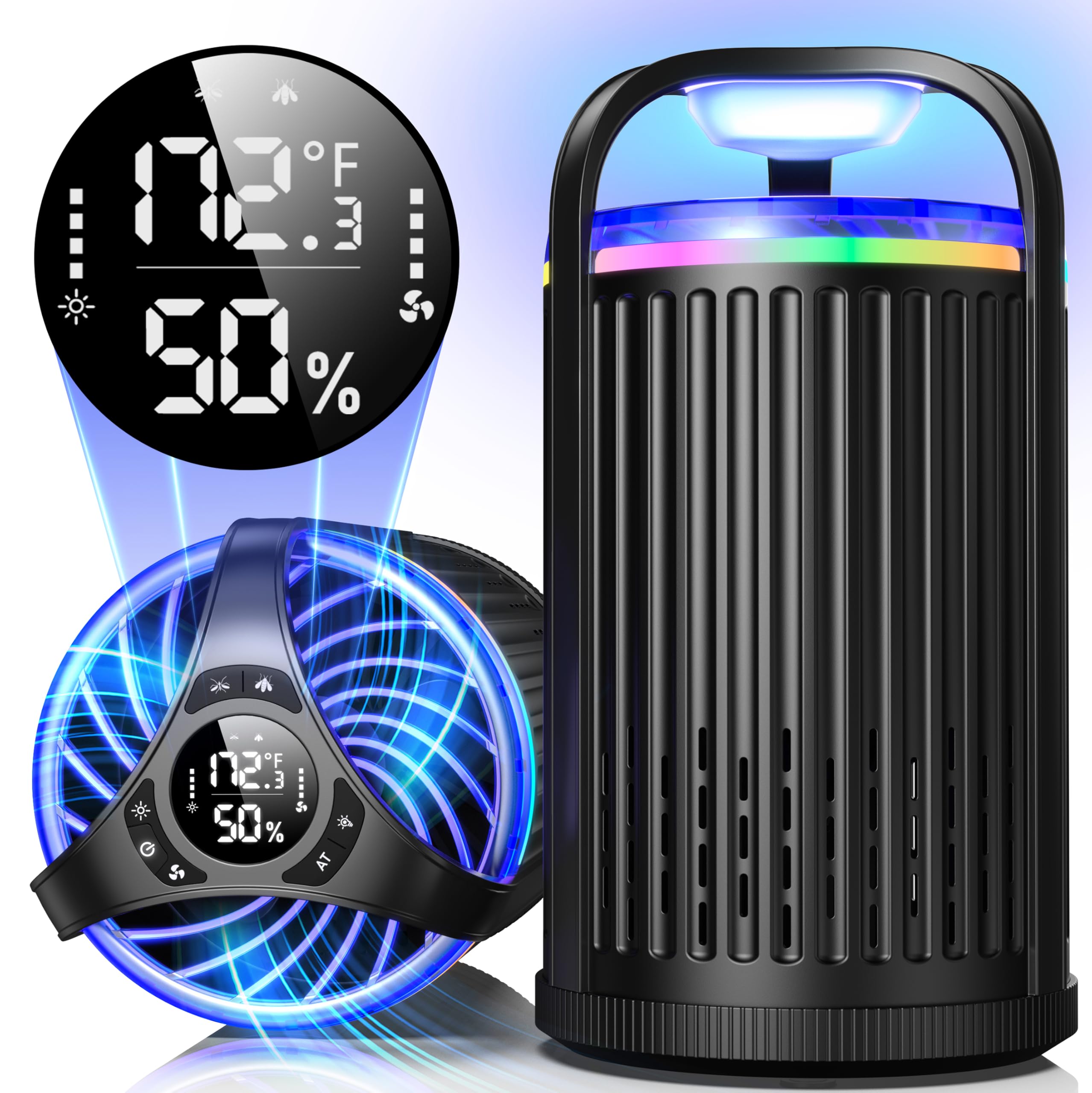 Fly Trap Indoor, 3-in-1 Fruit Fly Trap, Gnat Killer Indoor, Moth Traps - Bug Zapper Indoor with Temperature & Humidity Sensor, Catch Insects Indoors with Suction, Bug Light &10pcs Sticky Glue (Black)