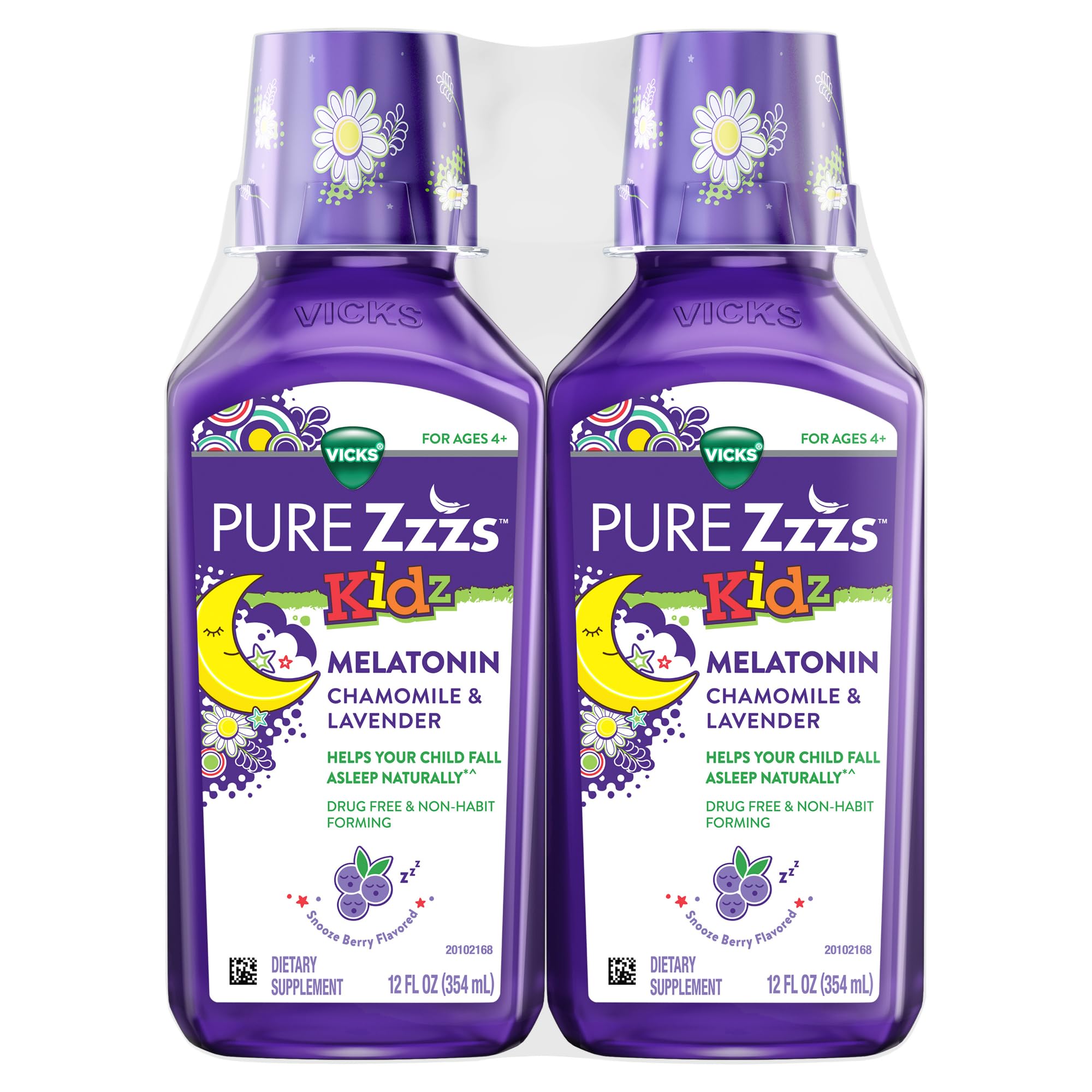 Vicks Pure Zzzs Kidz Melatonin, Kids Melatonin Liquid, Sleep Aid, Drug-Free, Liquid Melatonin 1mg, with Chamomile & Lavender, Melatonin Sleep Aids for Kids, Snooze Berry Flavored, 2 Pack, 24 FL OZ