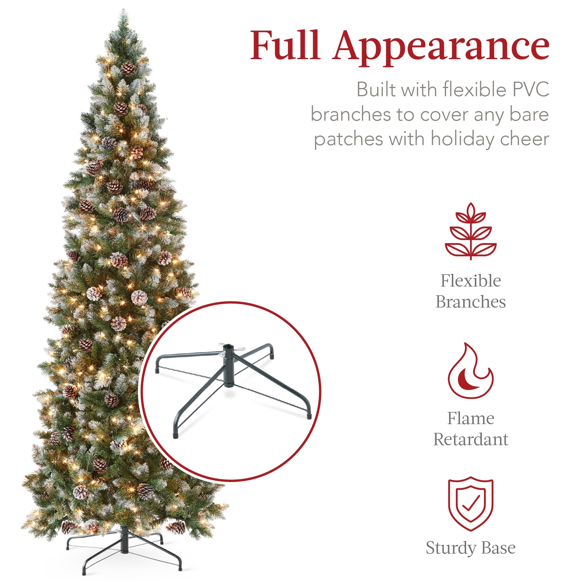 Best Choice Products 6ft Pre-lit Pencil Christmas Tree, Partially Flocked & Frosted Slim Holiday Tree Decoration, Skinny Xmas Tree, 250 Lights, 618 Frosted Tips, 50 Pine Cones, Foldable Stand