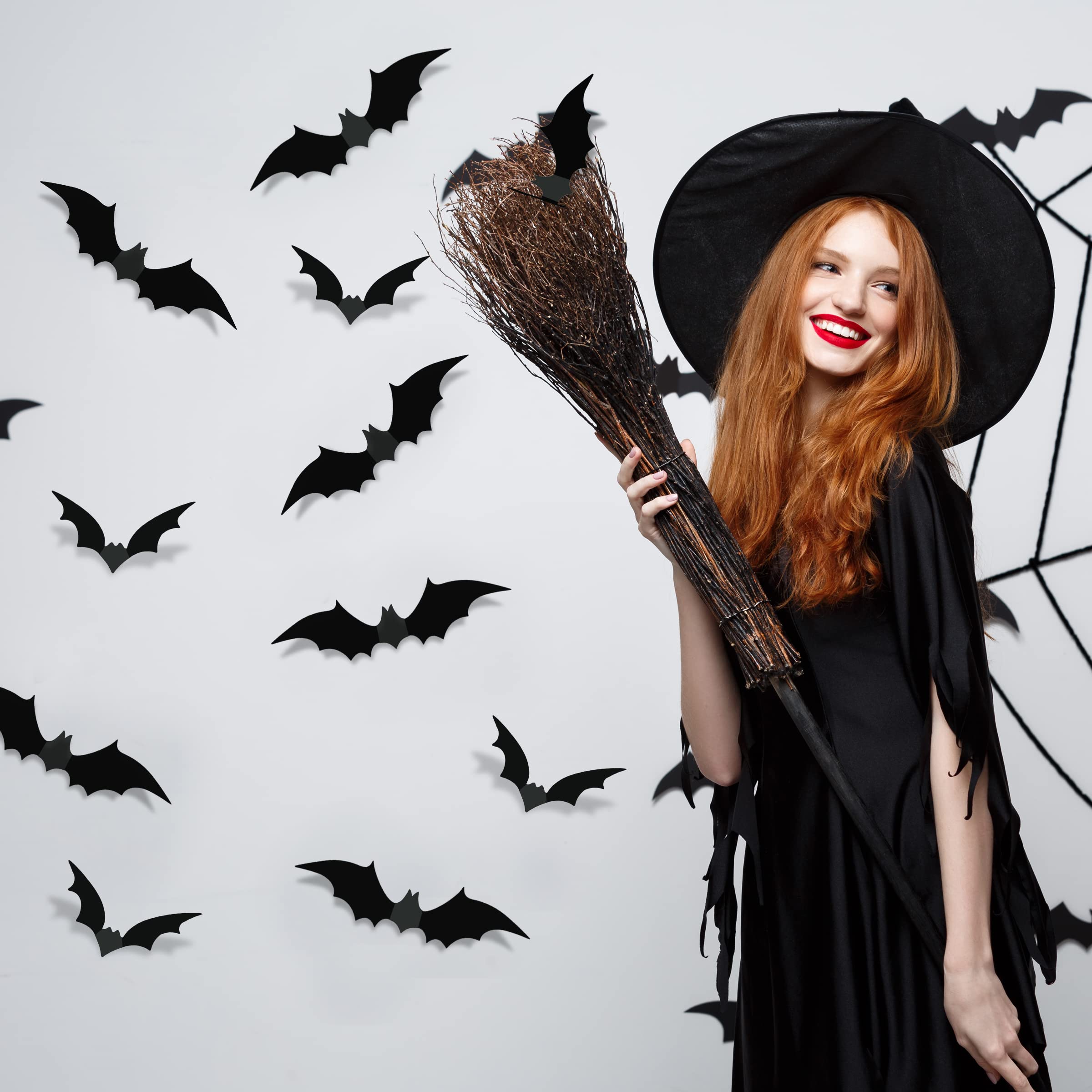 Halloween Decorations Bats Wall Decor Halloween Party Decorations Indoor Outdoor Halloween Decor Supplies, 64 Pcs Reusable PVC 3D Black Bats Stickers for Creepy Home Bathroom Decor
