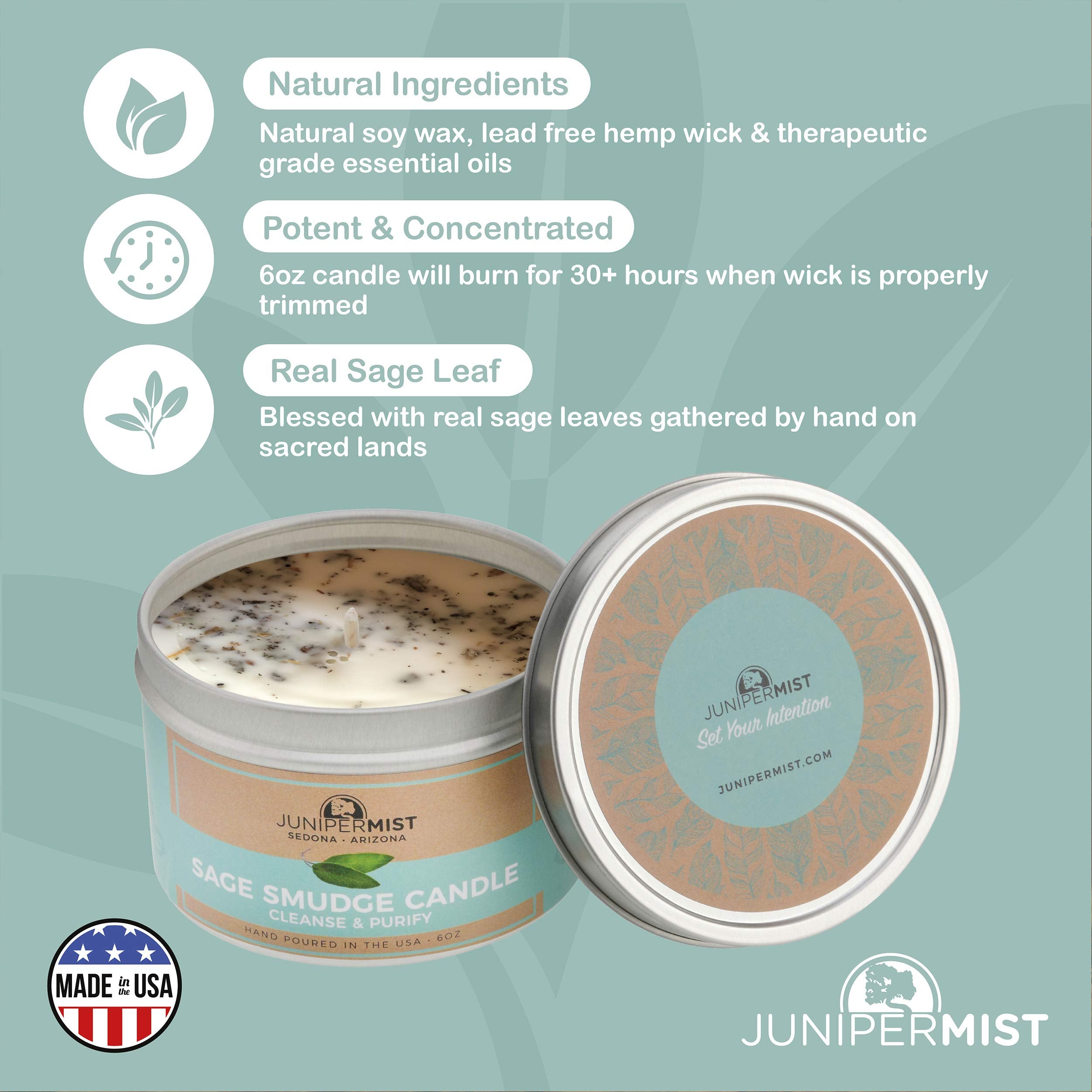 JUNIPERMIST Sage Candle w/White Sage Leaf (6 Oz) - for Meditation & Cleansing Negative Energy - Made in USA with Soy Wax & Essential Oils - Smokeless Alternative to Smudge Sticks