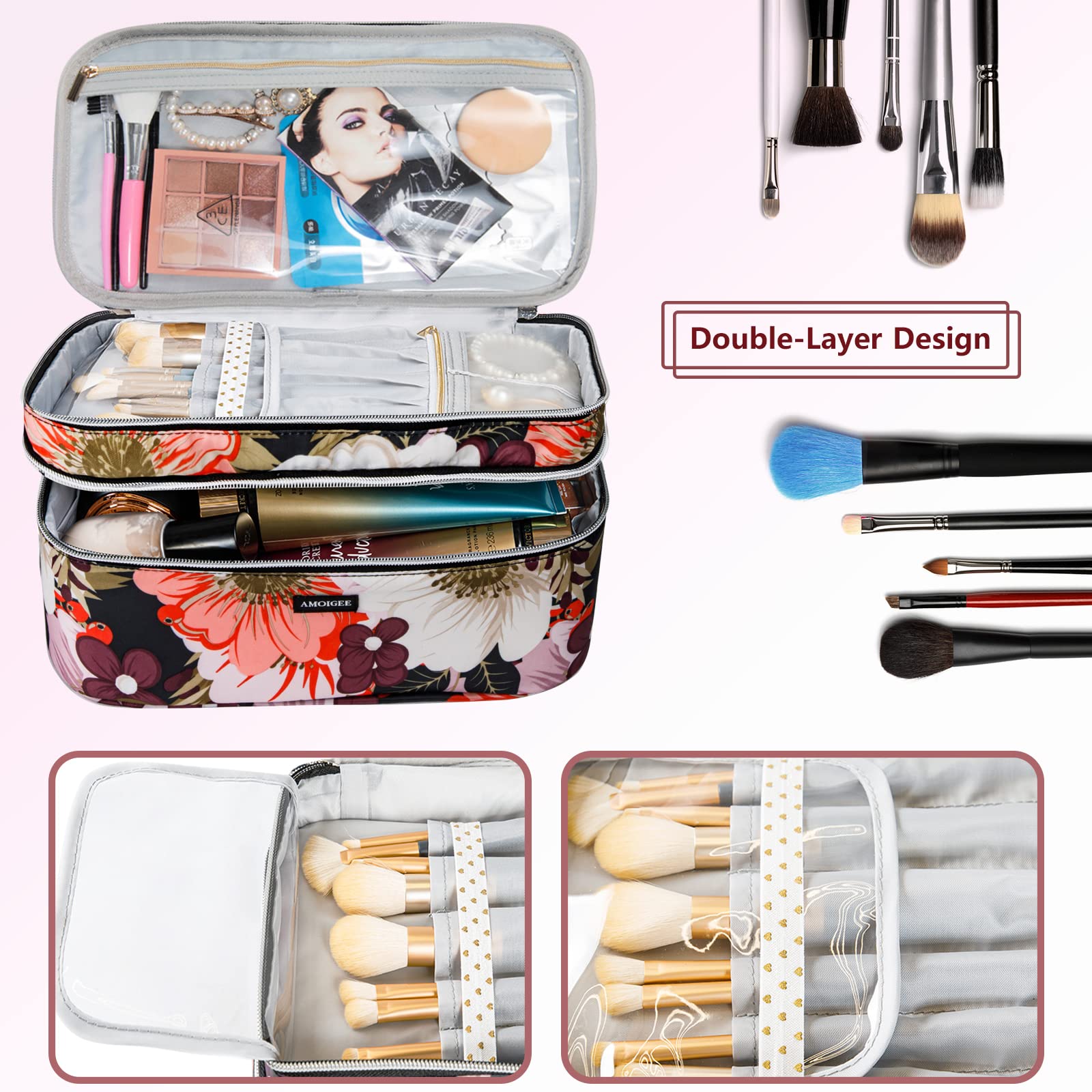 AMOIGEE Large Travel Makeup Bag Organizer, Double Layer Train Case, Toiletry Bag for Makeup Brushes, Full Size Bottles, Palettes Sponge, Cosmetic, Peonnies.