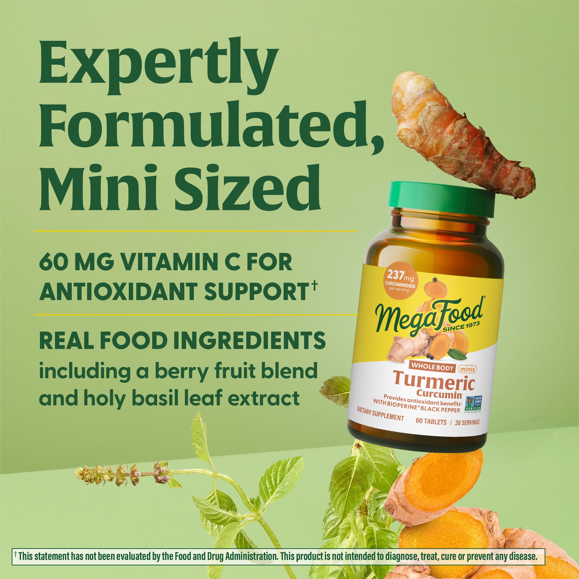 MegaFood Turmeric Curcumin Minis - Turmeric Curcumin with Black Pepper - Turmeric Supplement with Vitamin C and Black Pepper Extract - Non-GMO, Made Without 9 Food Allergens - 60 Tabs (30 Servings)