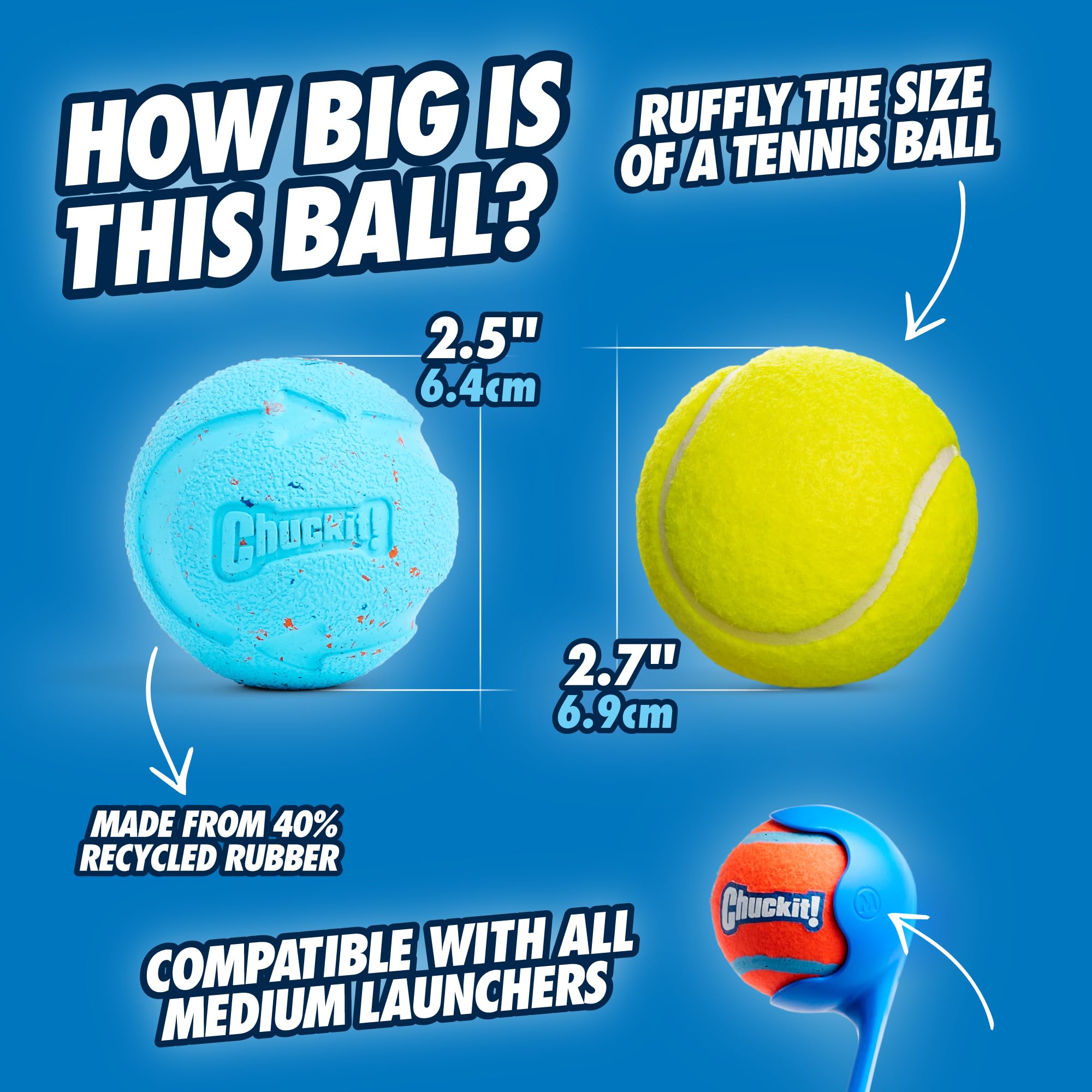 Chuckit! Rebounce Ball Dog Toy - Bouncy Fetch Balls for Dogs 20-60 lbs - Made from Durable Rubber - Outdoor Pet Toys - Size Medium - 2.5-inch Diameter - Pack of 2 - Blue