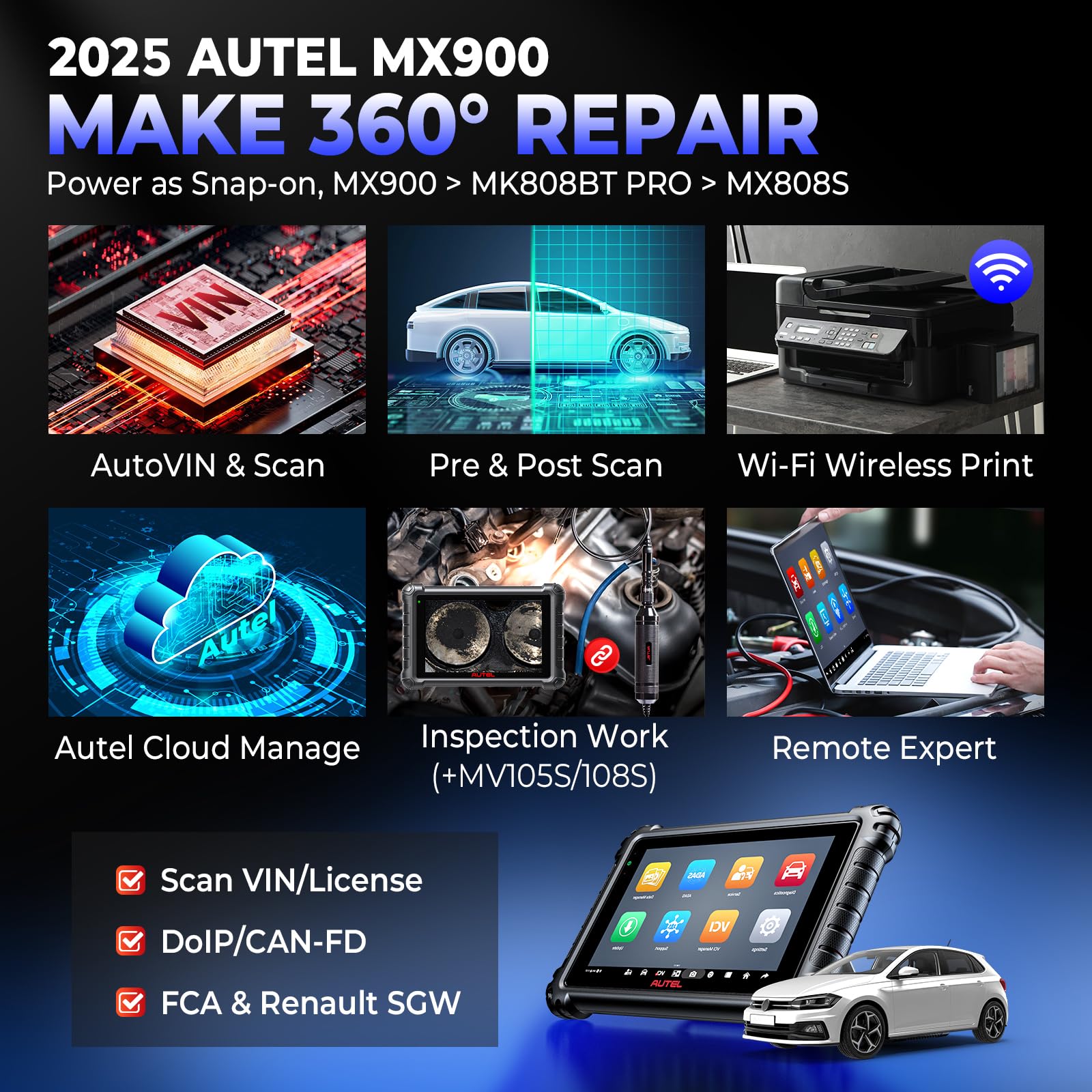 Autel MaxiCheck MX900 Scanner 2025, Same as MK900 with 3000+ Active Tests, 40+ Hot Services, CANFD DoIP, All System Diagnostic Scan Tool Upgraded of MK808BT PRO MX808S MK808S, 150+ Brands