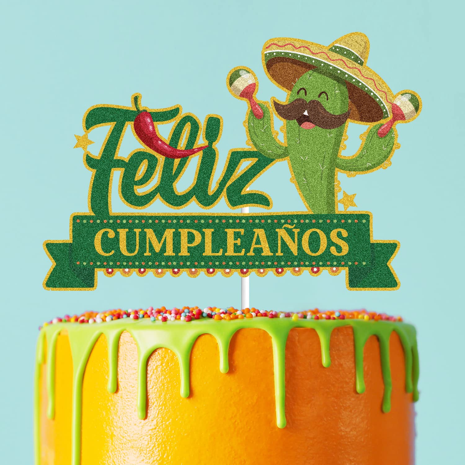 Feliz Cumpleaños Happy Birthday Cake Topper Green Glitter Mexican Cactus Taco Llama Maracas Cinco De Mayo Spanish Fiesta Theme Party Decors Supplies