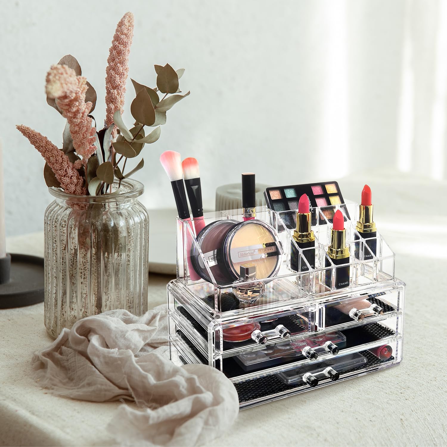 Ikee Design Acrylic Makeup Organizer with 4 Drawers and Removable Top Lipstick Holders, Ideal for Make-up or Accessories,Enhance Your Vanity or Bathroom with Clear Design for Quick Visibility