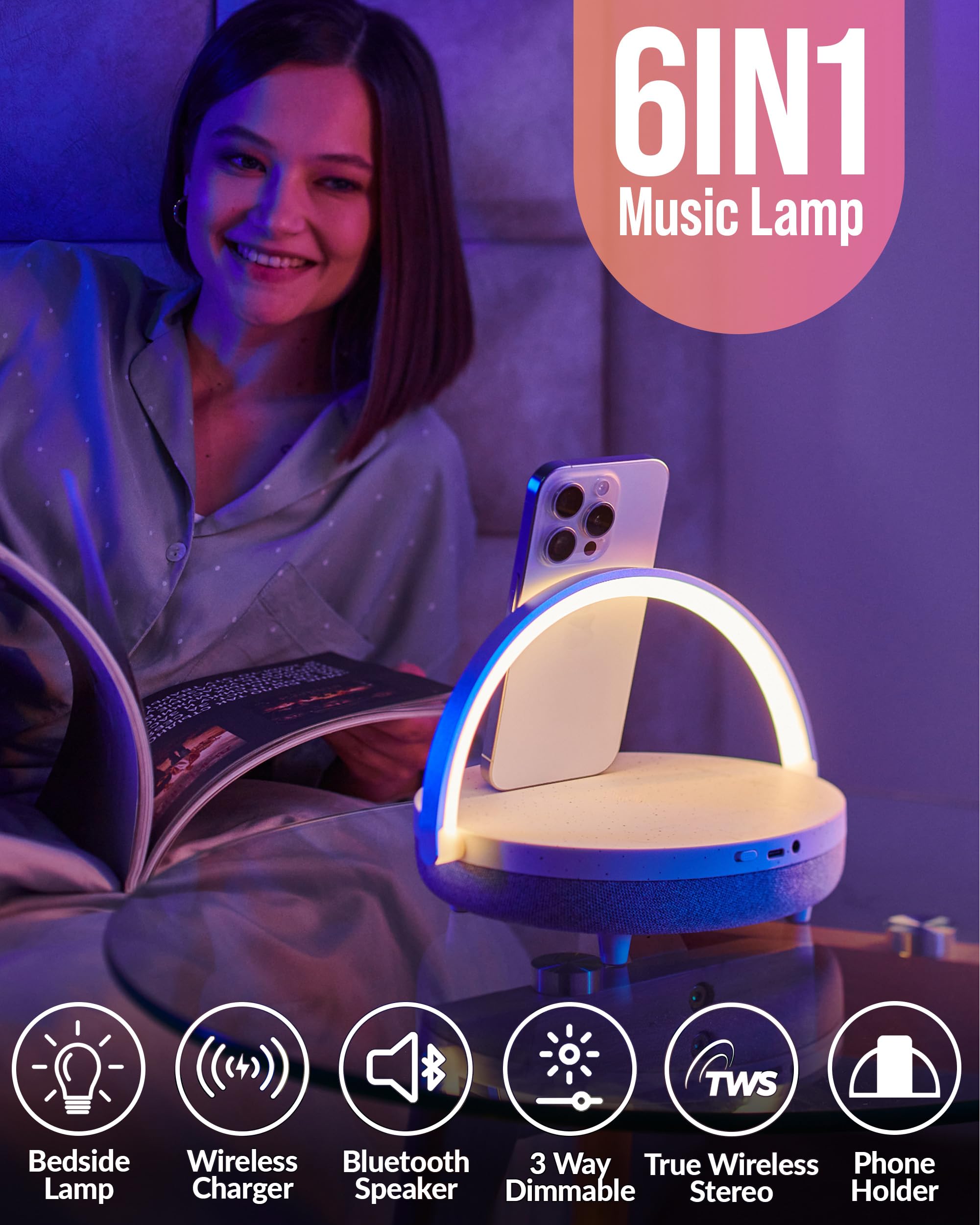 BELMAK Family Christmas Gifts, Bedside Lamp with Wireless Charger, Phone Charging Lamps for Bedroom,Speaker Lamp Bluetooth Wireless,6 in 1 Touch Bedside Lamp,Unique Gifts for Women,Birthday Gift Ideas