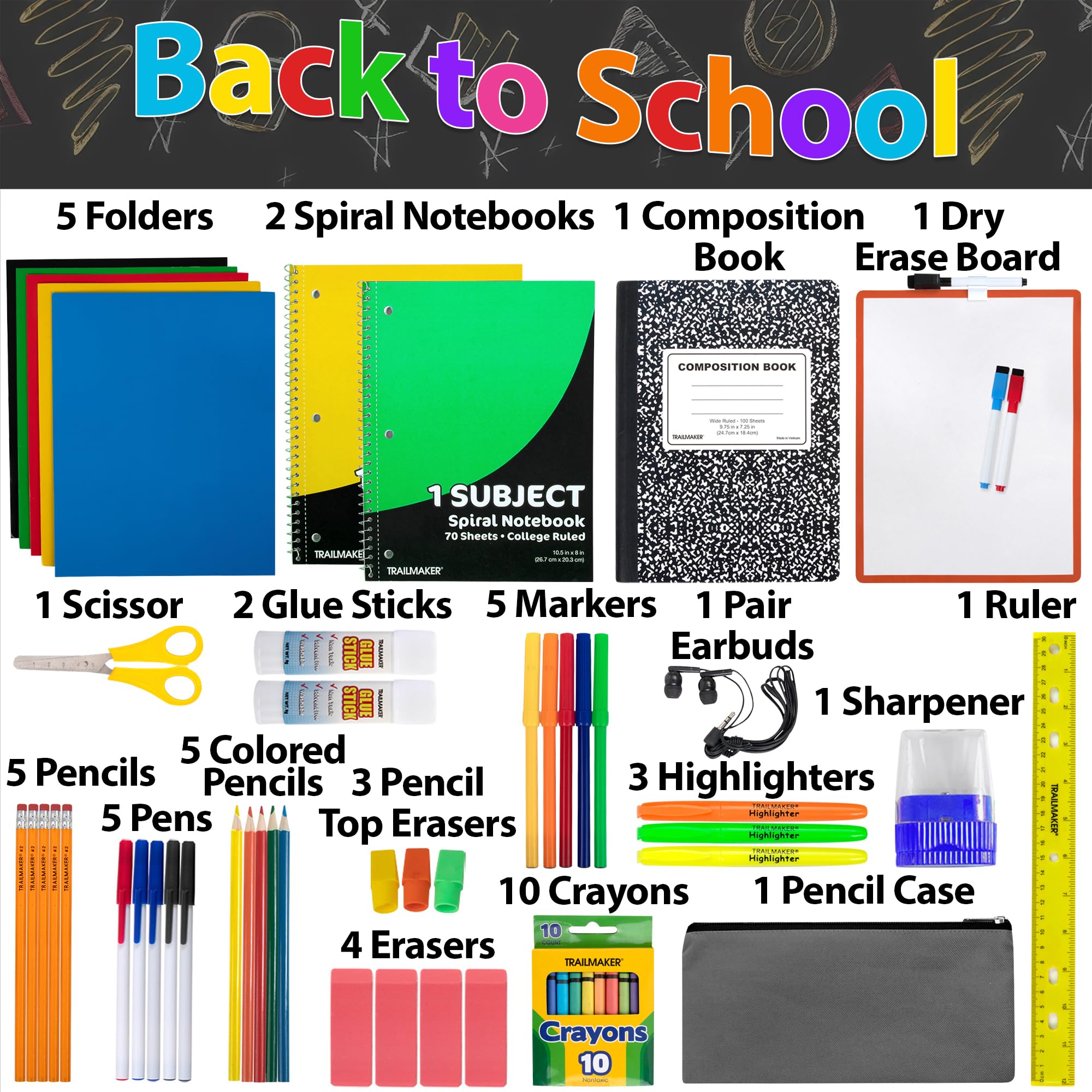 Trail maker Back to School Supplies 60 Piece Bundle Kit for Girls, Boys, Kids, Back to School Supply Box Bundle Kit Includes Notebooks, Folders, Composition Book, Headphones, Ruler, and More