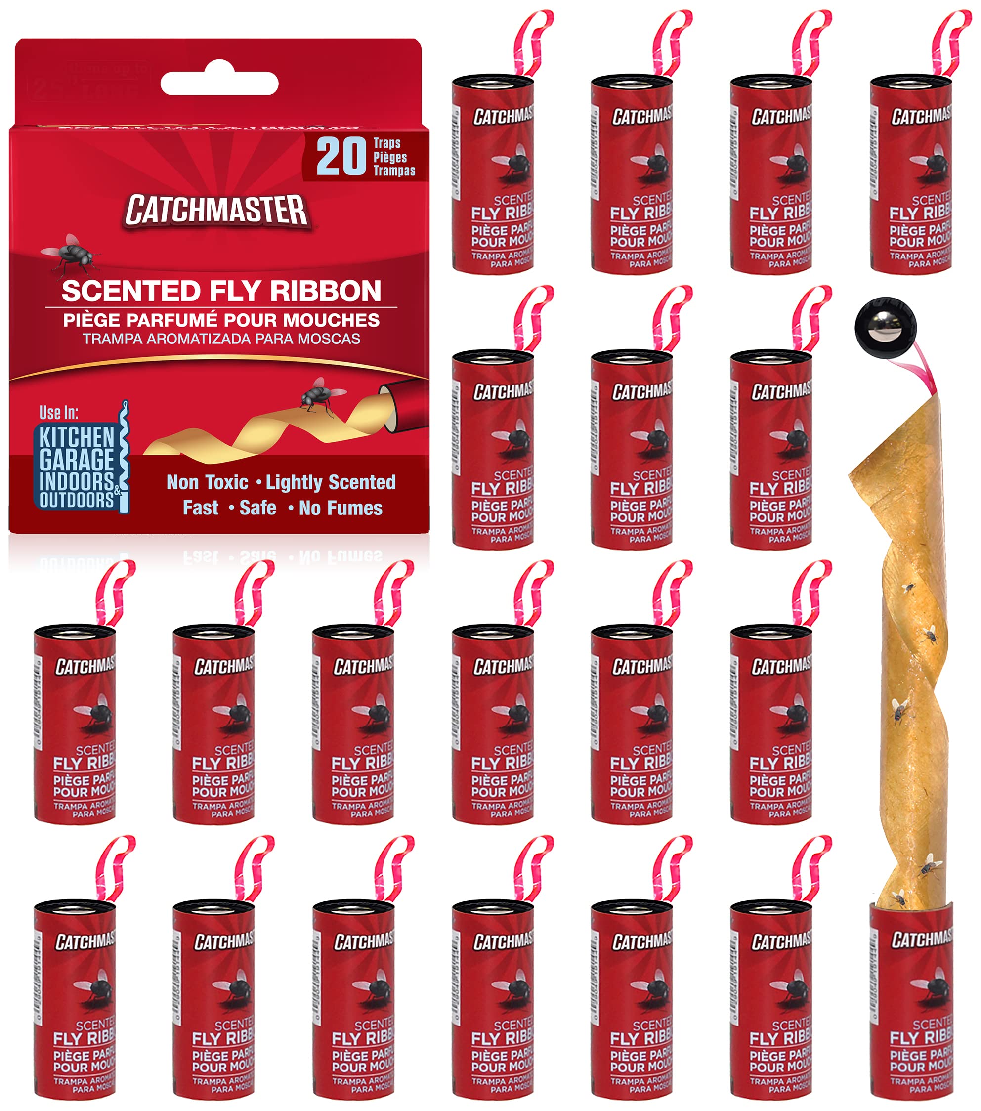 Catchmaster Fly Ribbon 20-Pack, Bug & Fruit Fly Traps Outdoor and Indoor, Premium Adhesive Sticky Fly Strips & Gnat Hanging Strips, Bulk Scented Flying Insect Paper Rolls, Non Toxic Home Pest Control